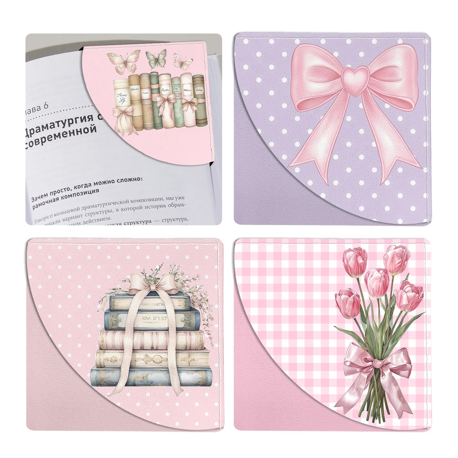bolimoss Pink Bow Leather Bookmarks, 4pcs Cute Bows Book Marks, Corner Page Book Marks, Reading Gifts for Women, Kids, Girls, Boys, Teachers, Students, Reading Lovers (Tulips Floral Book Butterfly)