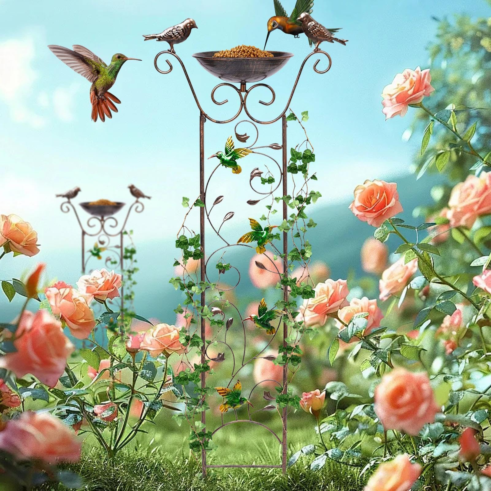 Vogeltränke und Futterspender aus Metall, dekoratives Vogelbad aus Metall,Outdoor-Vogeltränke für Kletterpflanzen - Multifunktionale kleine Gartenpflanzenstütze, abnehmbare Vogelfutterschale, Vogelträ