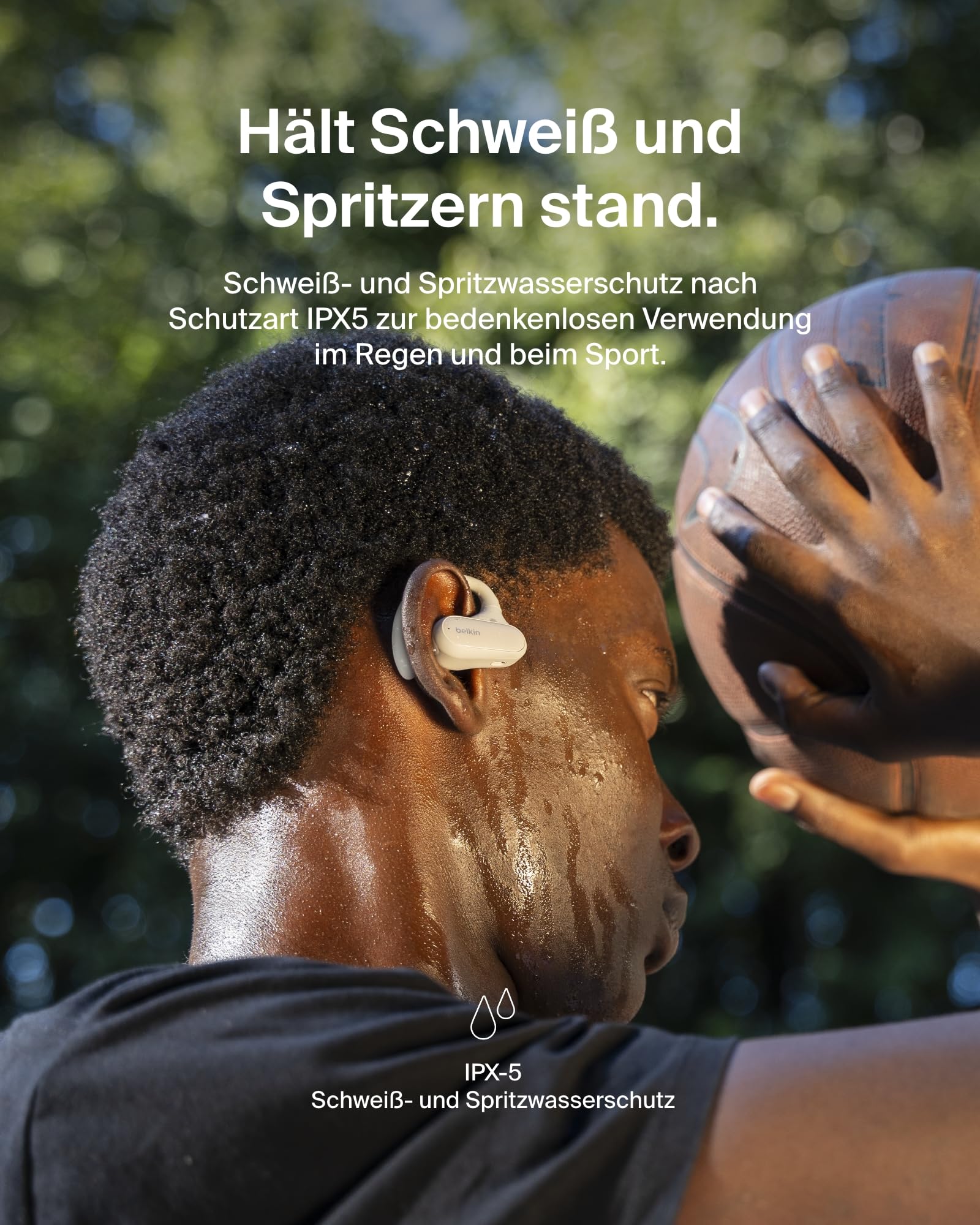 Belkin SoundForm ClearFit kabelloser Open-Ear Kopfhörer, leichter, bequemer Sportkopfhörer, Kopfhörer kabellos Bluetooth und wasserfest nach Schutzart IPX5, zum Wandern, Radfahren, Joggen – Sandfarben