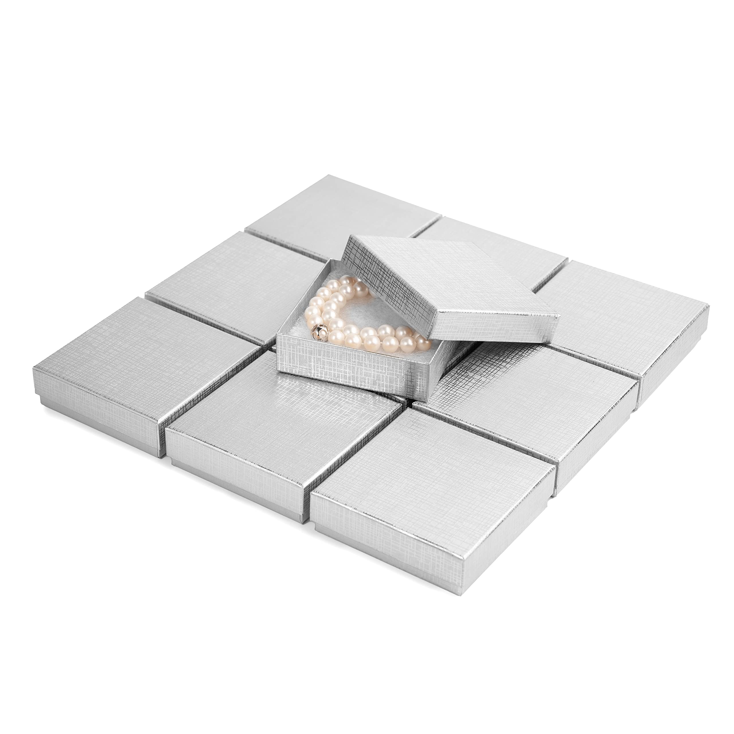 Prestige and Fancy Jewelry Gift Boxes, 24 pack, 3.5 x 3.5 x 1 inch - Cotton Filled Gift Box with Lids, for Bracelets, Anklets, Brooches, Necklaces For Party Favors, Christmas, Jewelry Stores (Silver)
