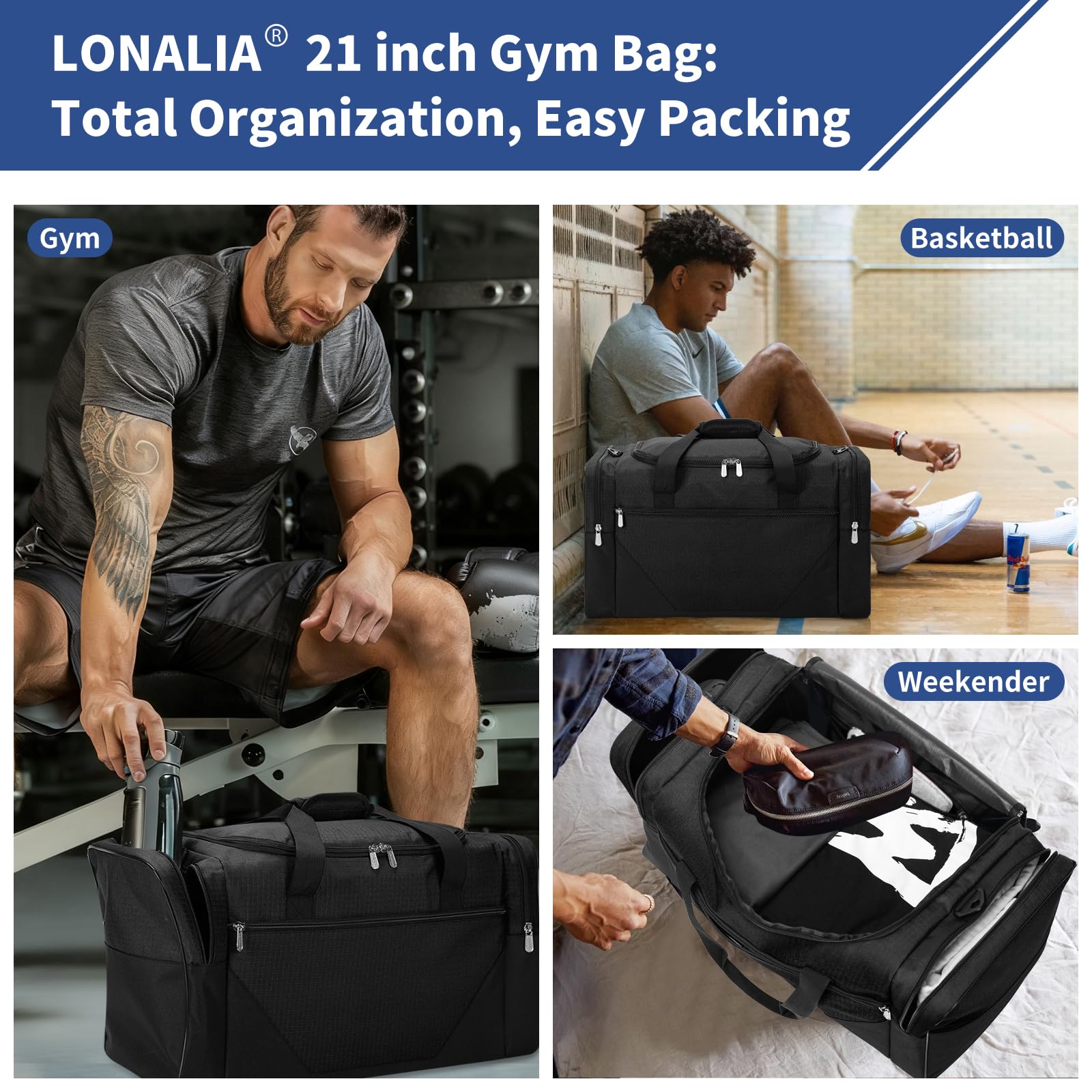 Bolsa deportiva de 45 litros, Black, 21inch, Bolsa de lona