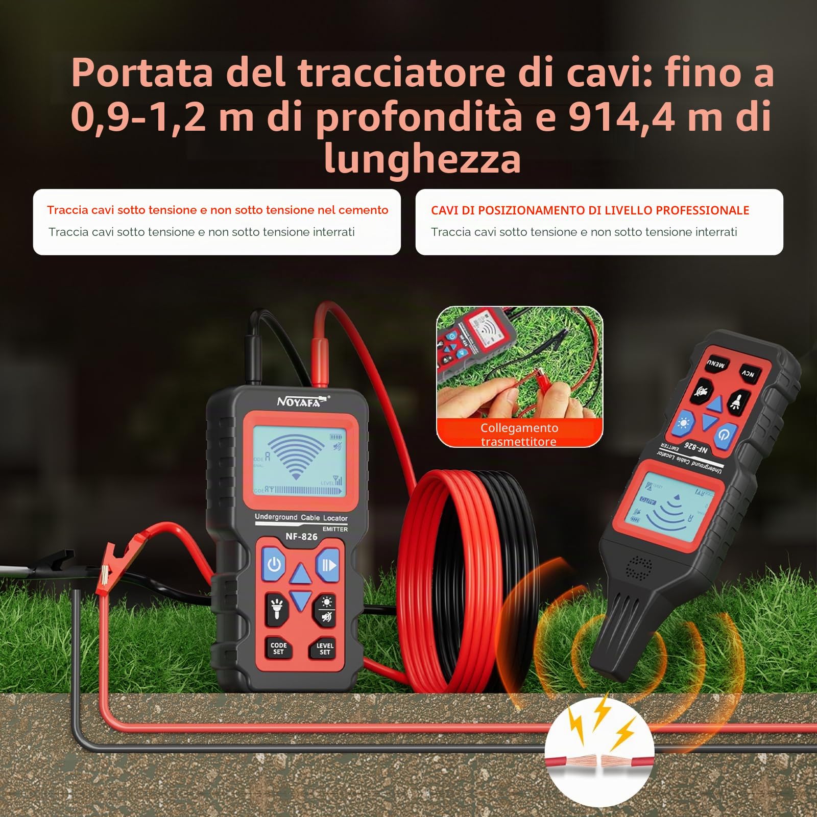NOYAFA NF-826 Rivelatore Sotterraneo Localizzatore, Tracciatore di Cavi e Circuiti, Rilevatore Cavi Muro e Interrati, Sensibilità Regolabile, Wire Tracer per Casa, Giardino, Elettricisti