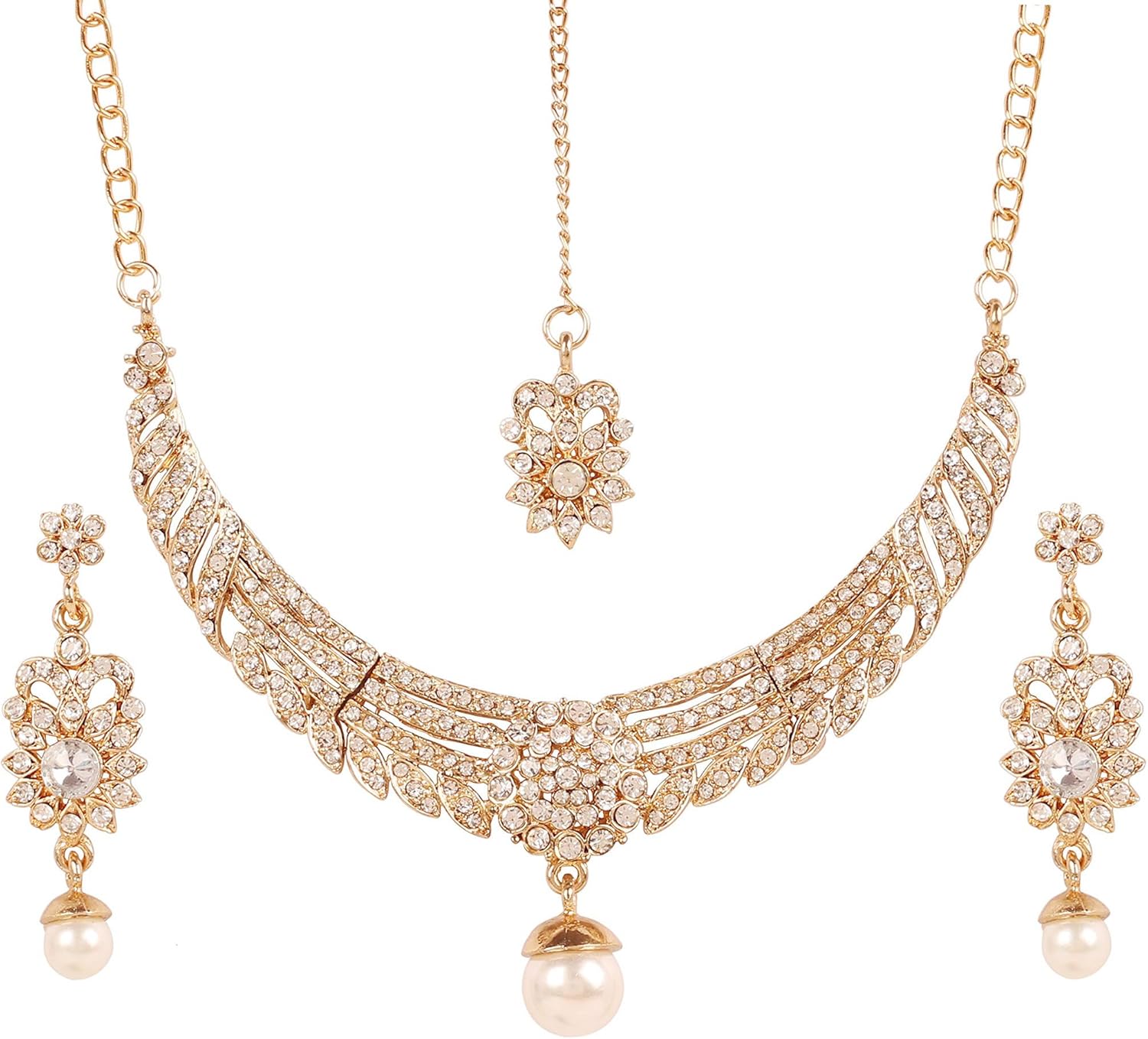 Touchstone Indian Bollywood Modern Style White Rhinestone Faux Pearls Desi Wedding Designer Jewelry Necklace Set in Gold Tone for Women.