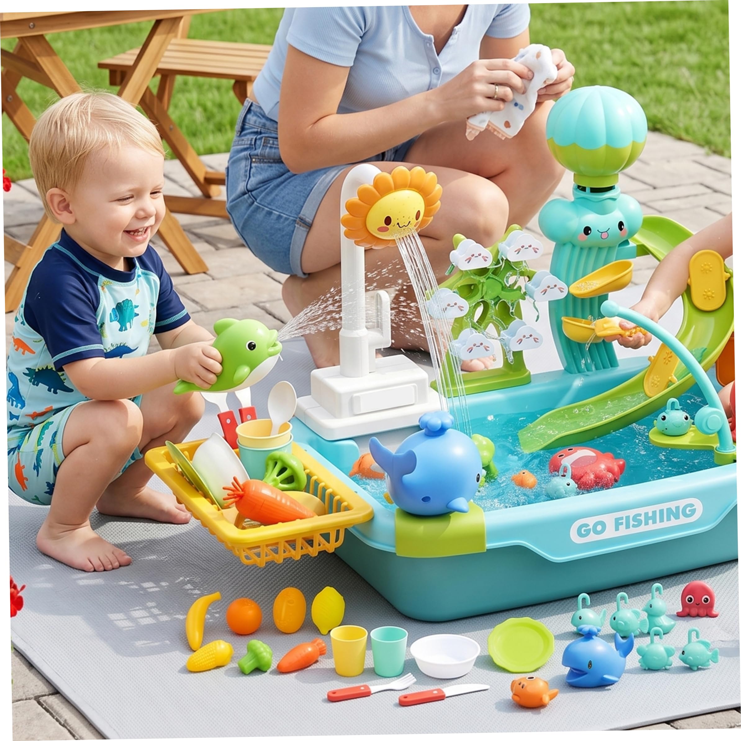 Kleinkind-Waschbecken mit fließendem Wasser, Kinderspielspielzeug-Set, multifunktionaler Wasserspieltisch mit automatischer Zirkulation, großes Fassungsvermögen, ideal für Indoor-Outdoor-Spaß, Okto