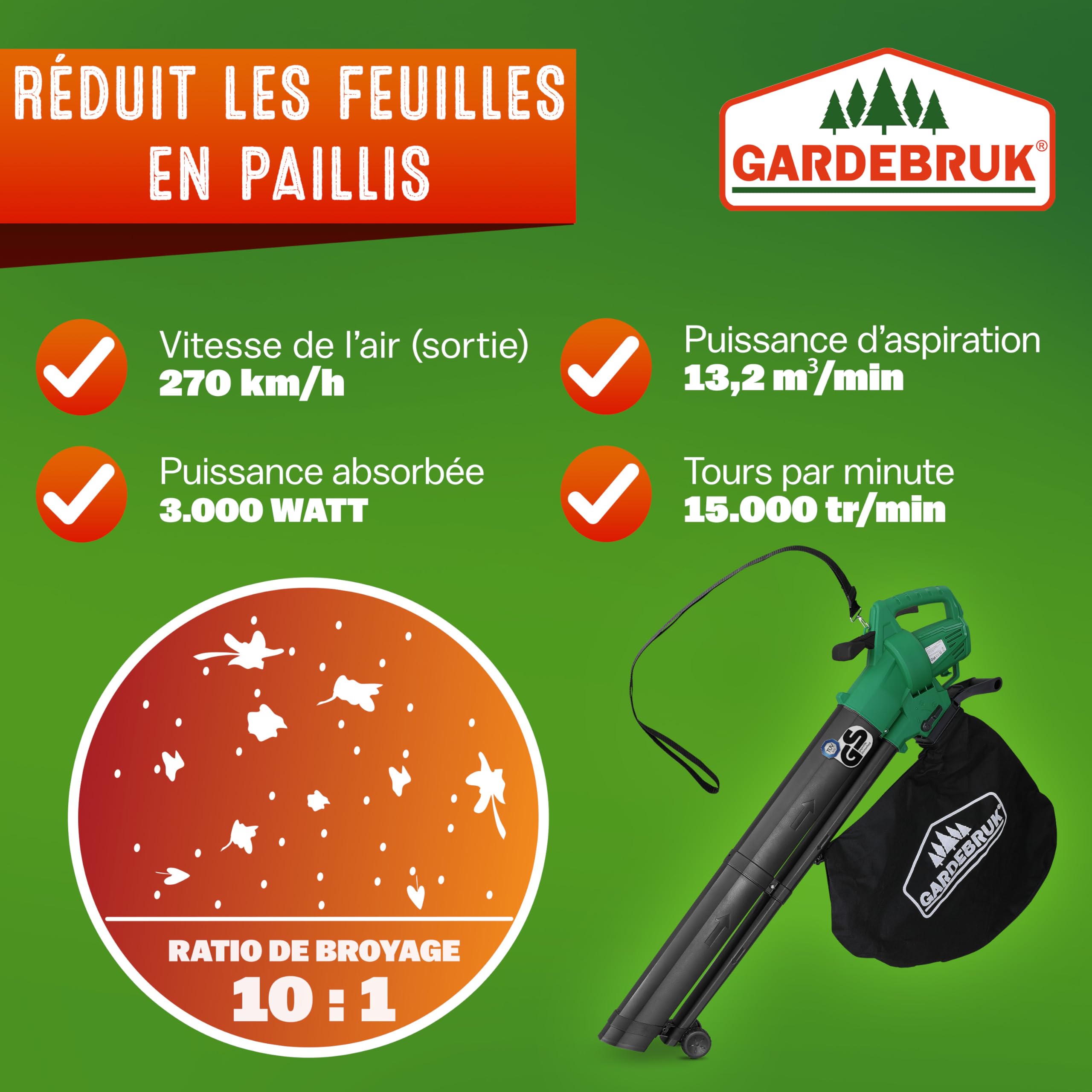 GARDEBRUK® Aspirateur Souffleur Broyeur Électrique 3en1 3000W 270 km/h Bac 45L