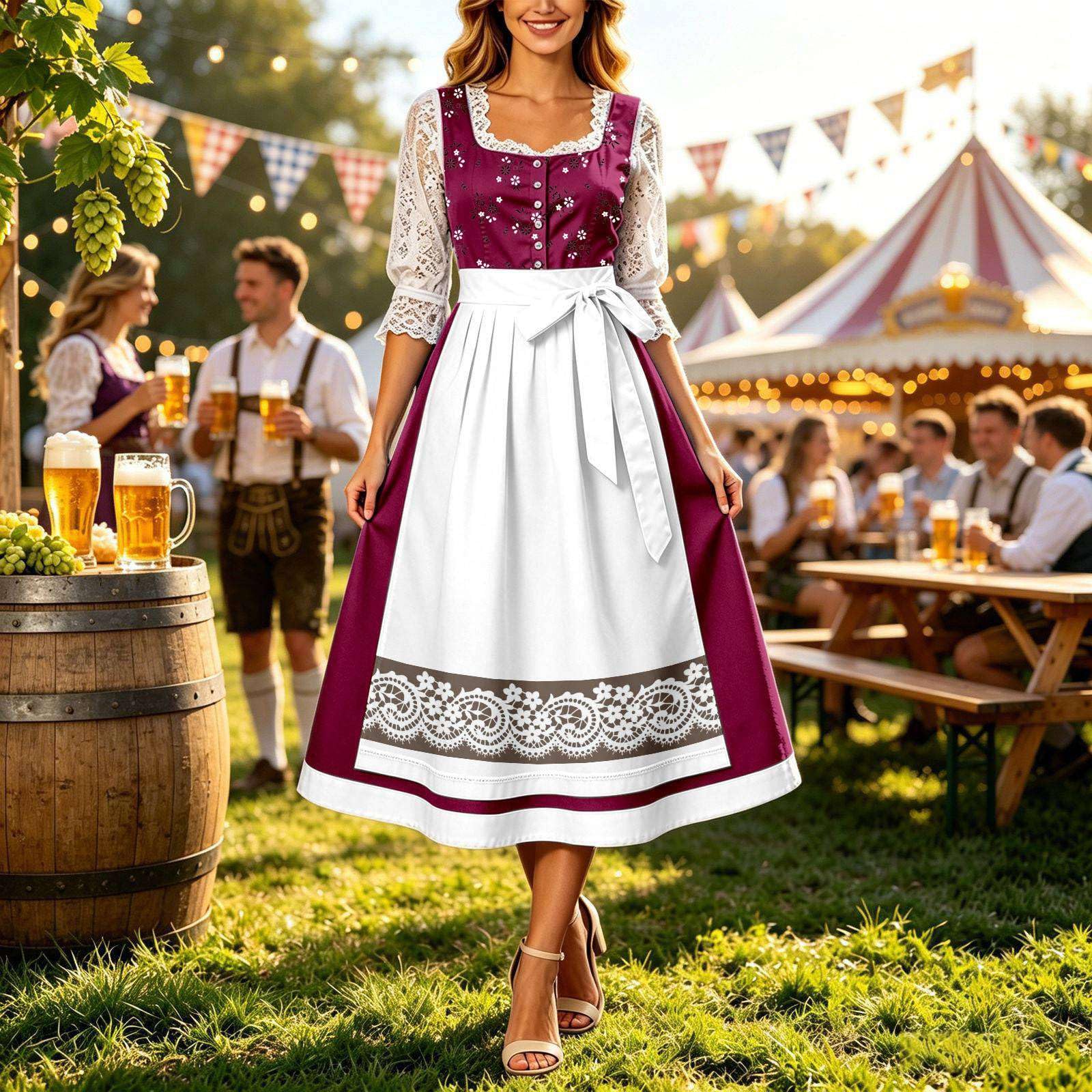 Generisch 2026 Robe longue de fête de bière avec motif floral français pour fête de jardin avec nœud aspect cintré pour une mode de maison de campagne élégante avec corset jupe plissée