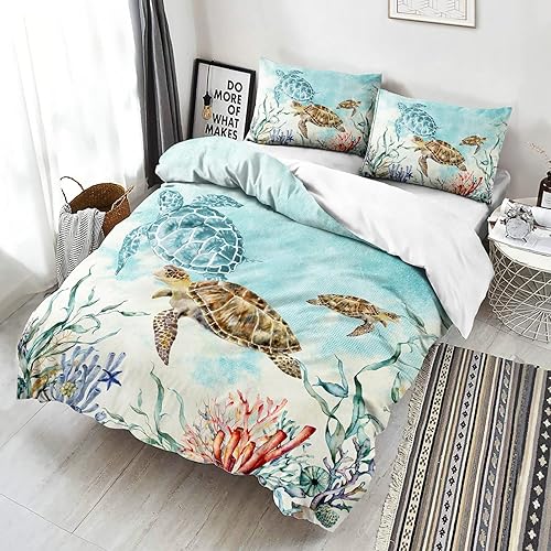 Miniatura 4 de CVHOUSE Juego de funda de edredón de tortuga marina tamaño Queen, juego de ropa de cama de tortuga marina con acuarela oceánica para niños y