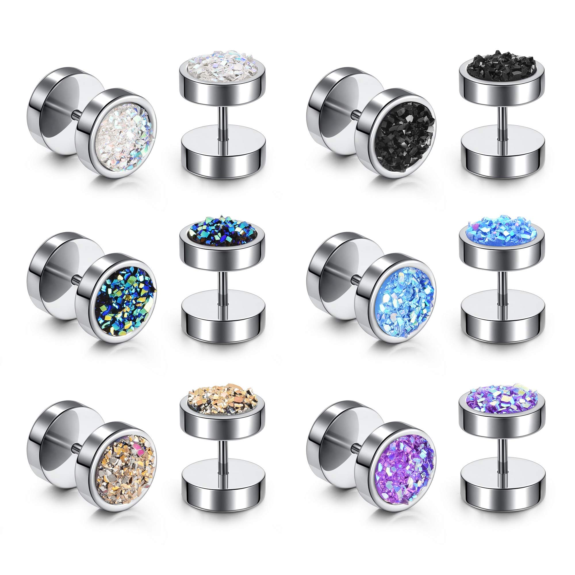 JSDDE12pcs 18G Illusion Tunnel Plug Stud Earrings Satinless Steel Coating Rainbow Acrylic Cheater Fake Ear Plugs Dumbbell Earrings Piercing Jewelry