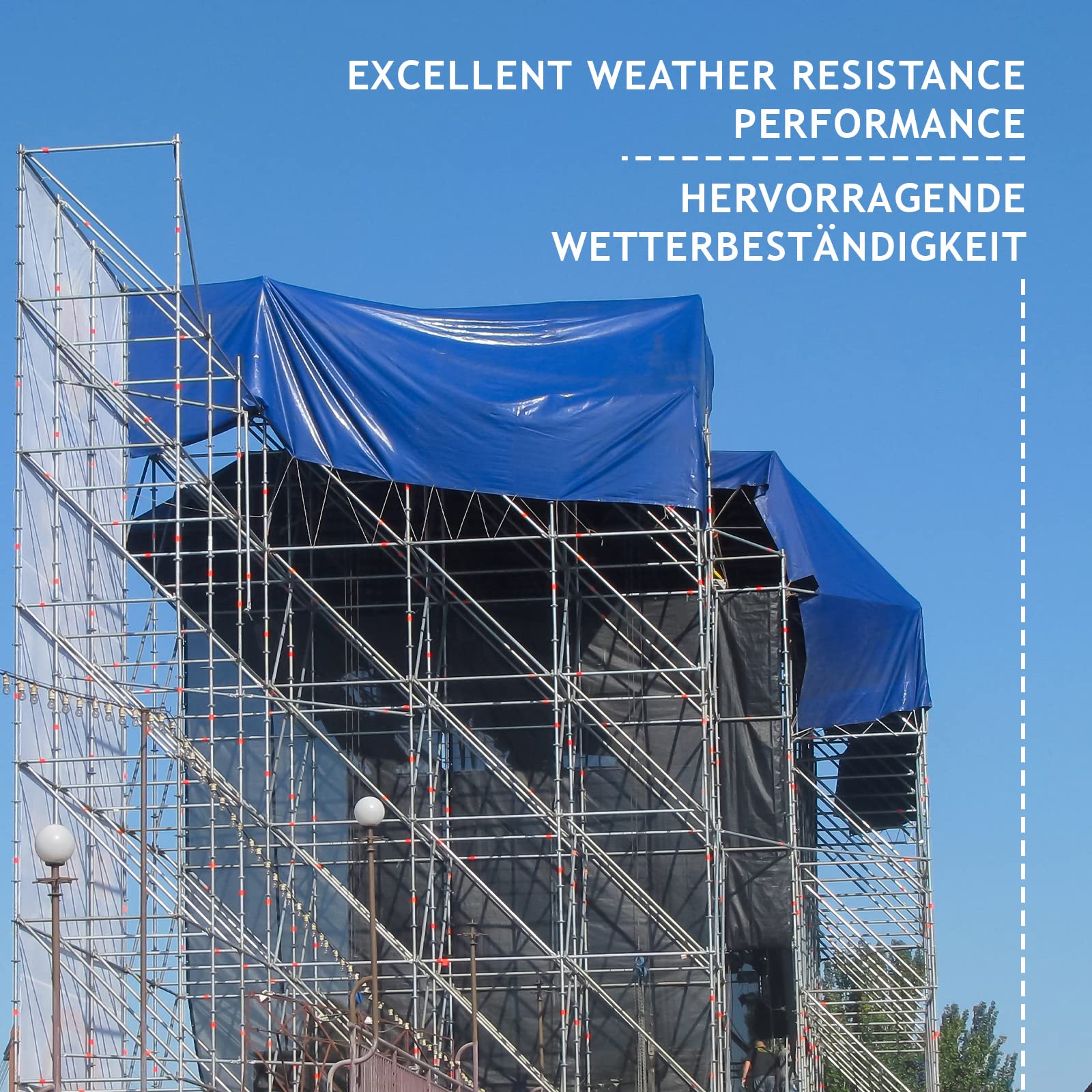 Jago® Bâche de Protection - 5x6m, Imperméable, Durable, Résistant aux Hautes Températures et aux UV, Multi-Usages, Polyester, PVC, Bleu - Couverture de Survie, Extérieur, Camping, Bois