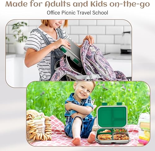 Miniatura 7 de Lonchera Bento de acero inoxidable para niños, 3 compartimentos a prueba de fugas, lonchera Bento de metal, contenedores de almuerzo Bento de acero