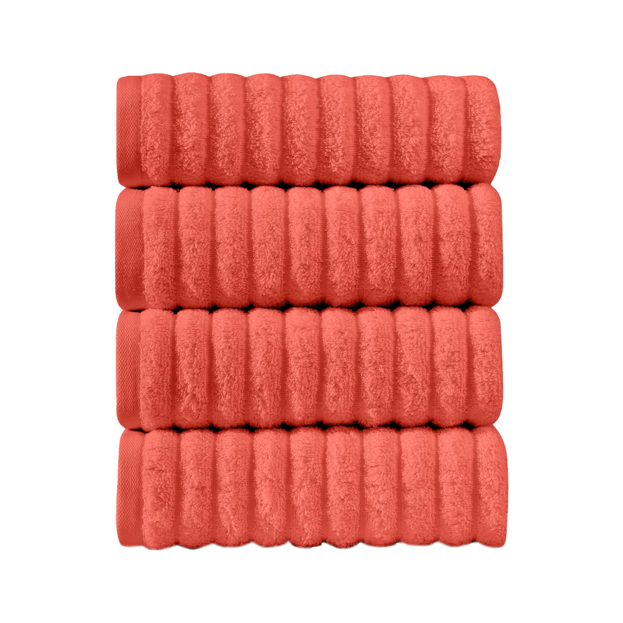 Elegant Comfort Luxury 100% Turkish Cotton Corduroy Ribbed 4 Pack Hand Towel Set 16 x 28 Inch - Absorbent, Super Soft, Quick Dry, Premium Towels for Bathroom, Gym, Spa and Hotel Use, Coral