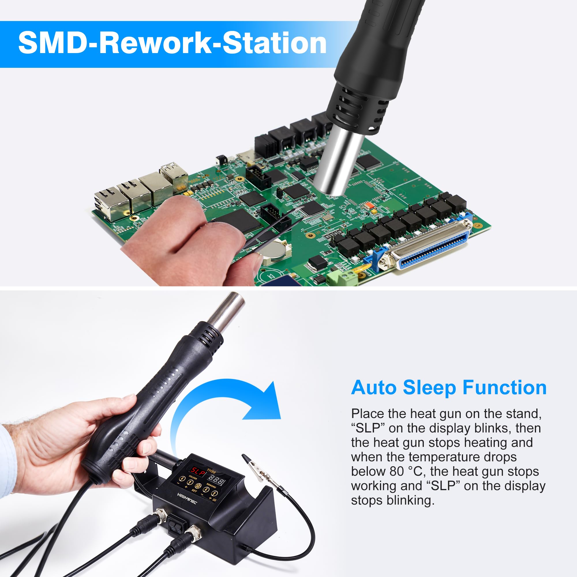 600W Station de Soudage 2 en 1, Fer a Souder + Pistolet Thermique, Affichage LED, Température Réglable 100-500°C, Conversion °C/°F, Étalonnage de la Température et Fonction Sleep