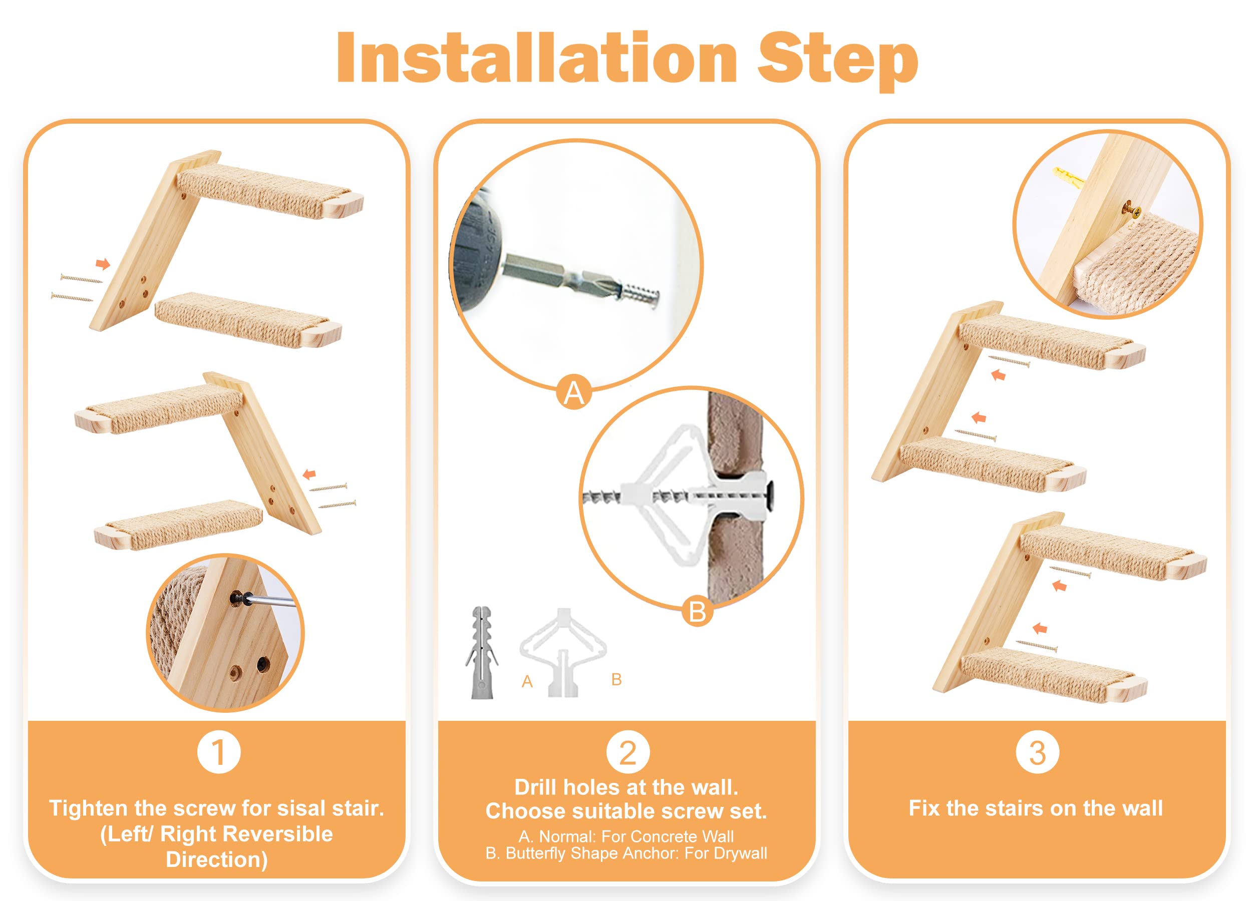 Mur d'escalade pour chat - Lot de 3 - Avec 2 marches et plateforme de jeu - En bois massif - Montage mural - Pour l'escalade, les jeux, le sommeil