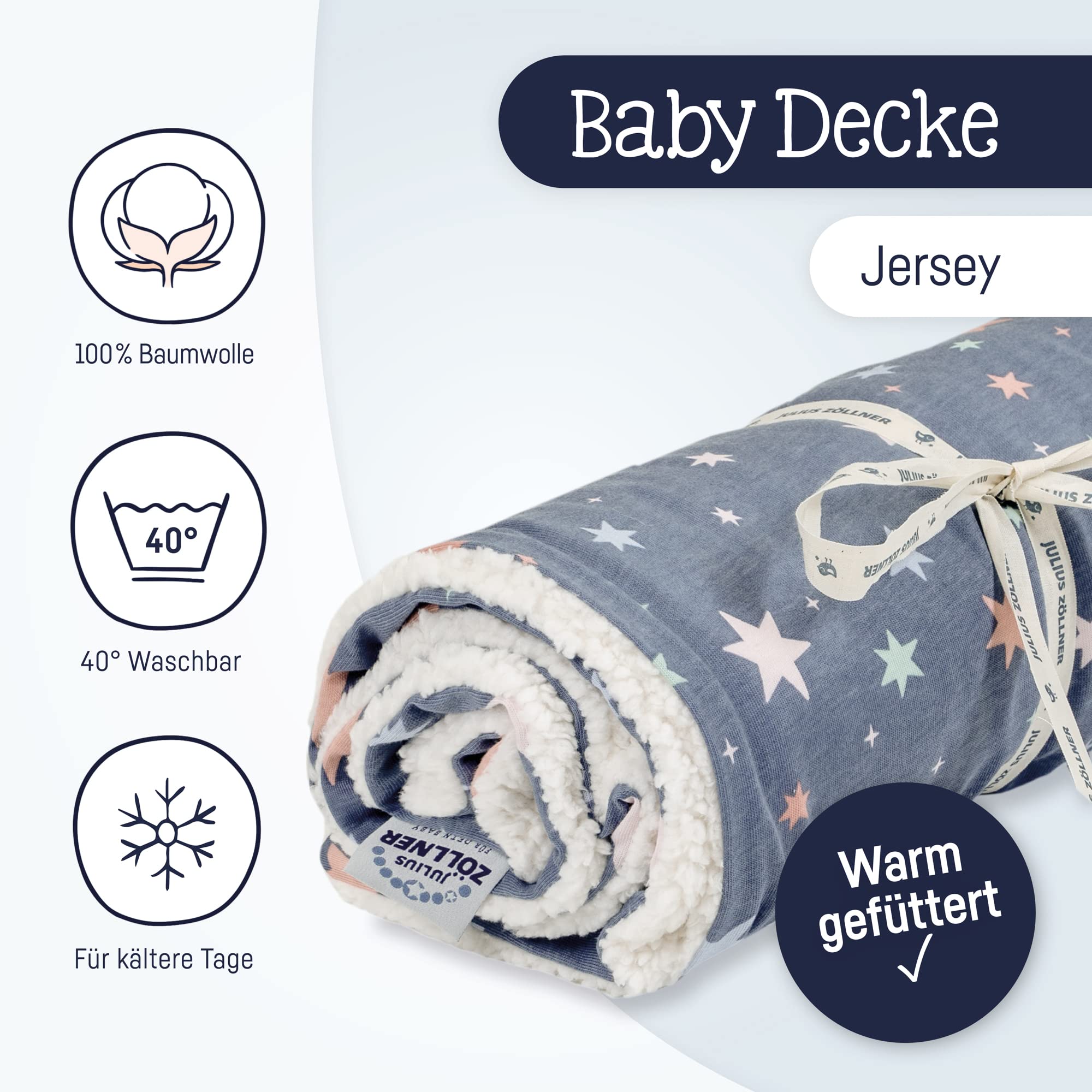 Julius Zöllner Winterdecke aus Baumwoll-Jersey und kuscheligem Teddy-Stoff | Gr. 70x100 cm | Made in Germany | OEKO-TEX® STANDARD 100 | Shiny Stars
