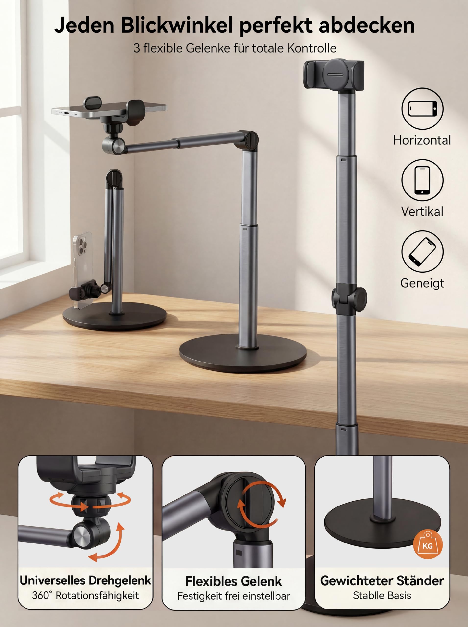 Overhead Stativ Handy mit Teleskoparm, Schweres Aluminium Tischstativ für Smartphone (28-81 cm Höhenverstellbar), 360° Drehbarer Handyhalter Tisch für Videoaufnahmen, Live-Streaming, Kochen & Zeichnen