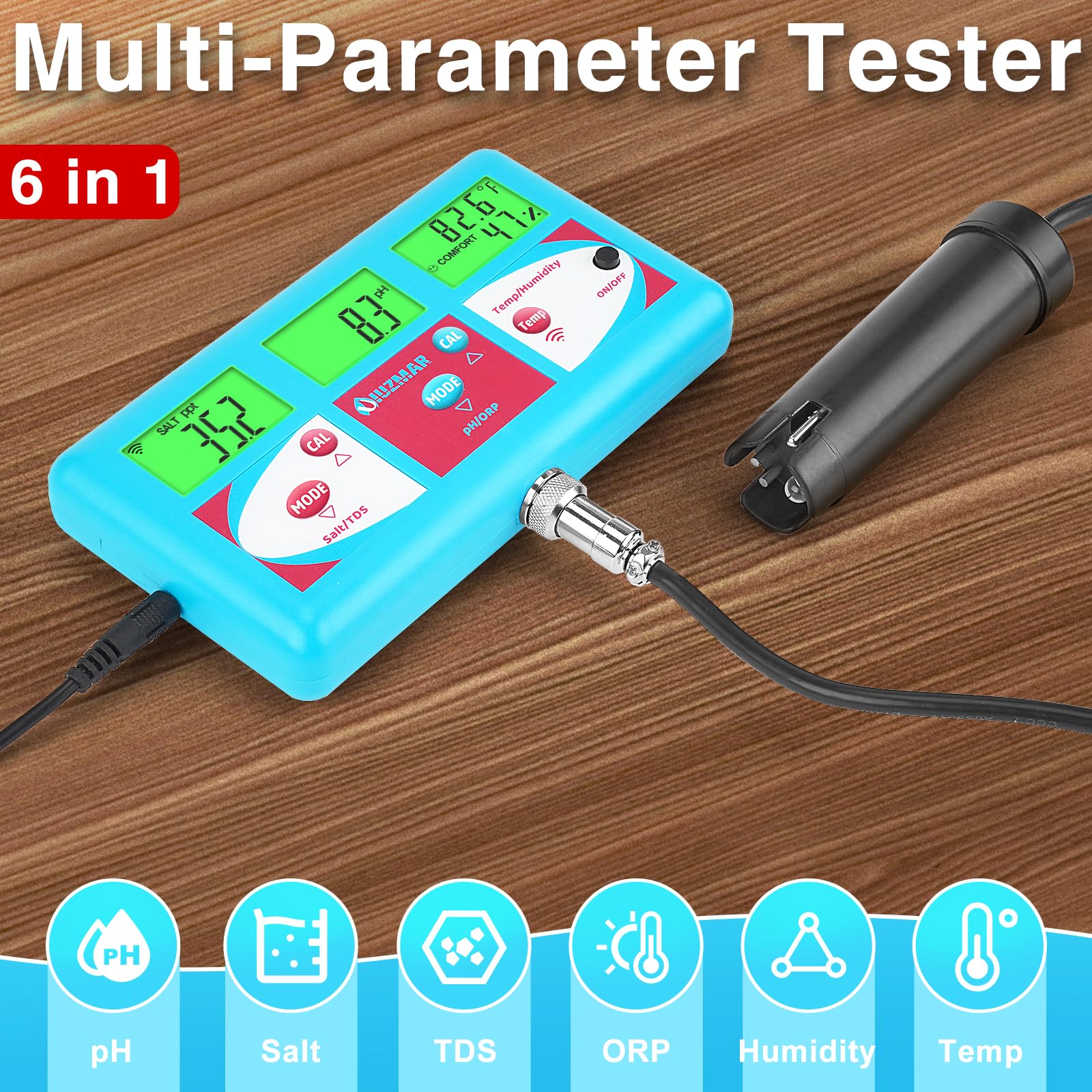UIUZMAR Moniteur de salinité de pH continu pour aquarium, testeur numérique de salinité pour aquarium d'eau salée, testeur de sel de pH numérique PPM pour réservoir de récif, testeur 6 en 1, pour