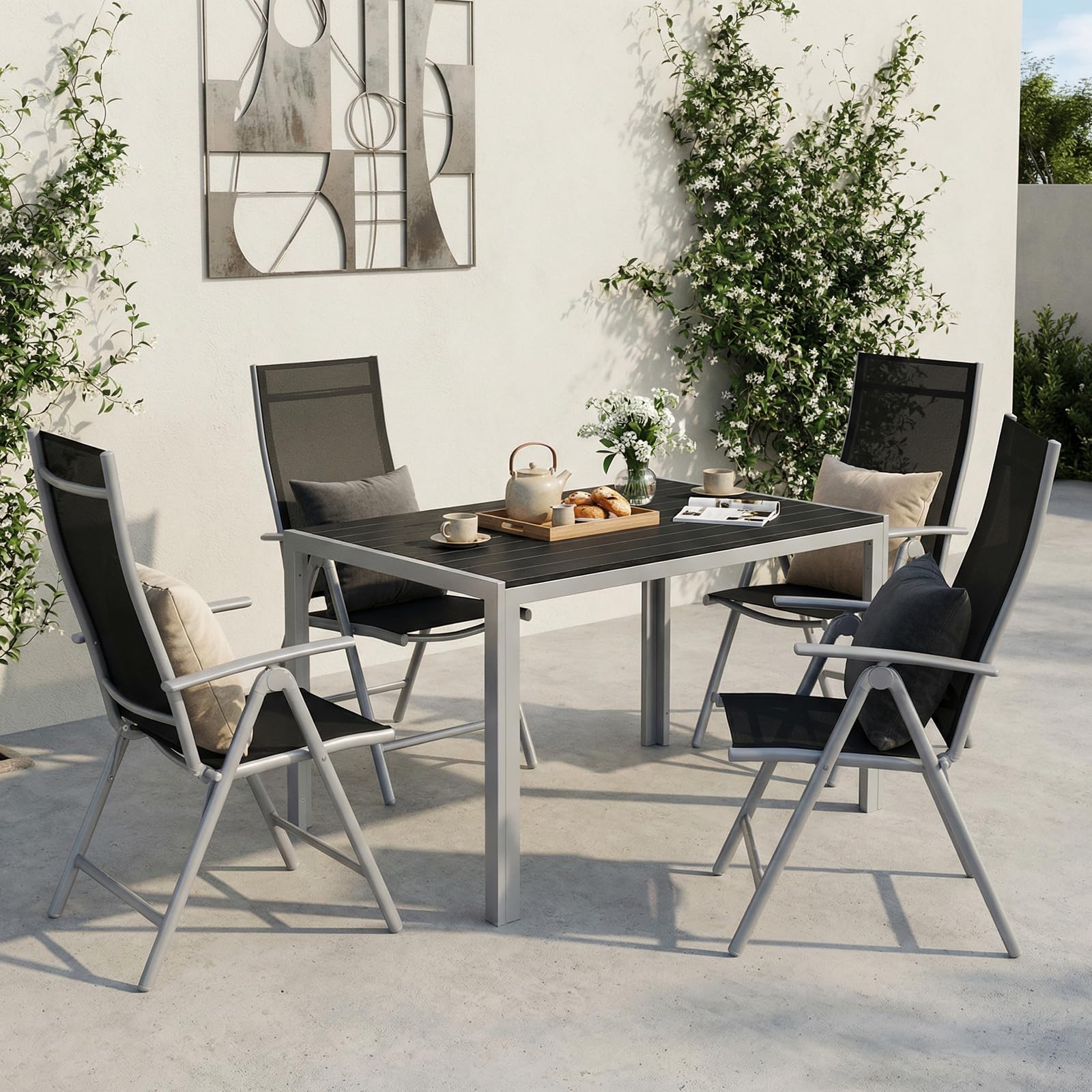 LIFERUN 5-Teiliges Gartenmöbel Set, Aluminium Balkonmöbel Set, 4pcs Verstellbare Hochlehner Klappstühle +110x70cm WPC Wetterfest Rechteckiger Terrassentisch,Essgruppe Sitzgruppe Outdoor, Silber Grau