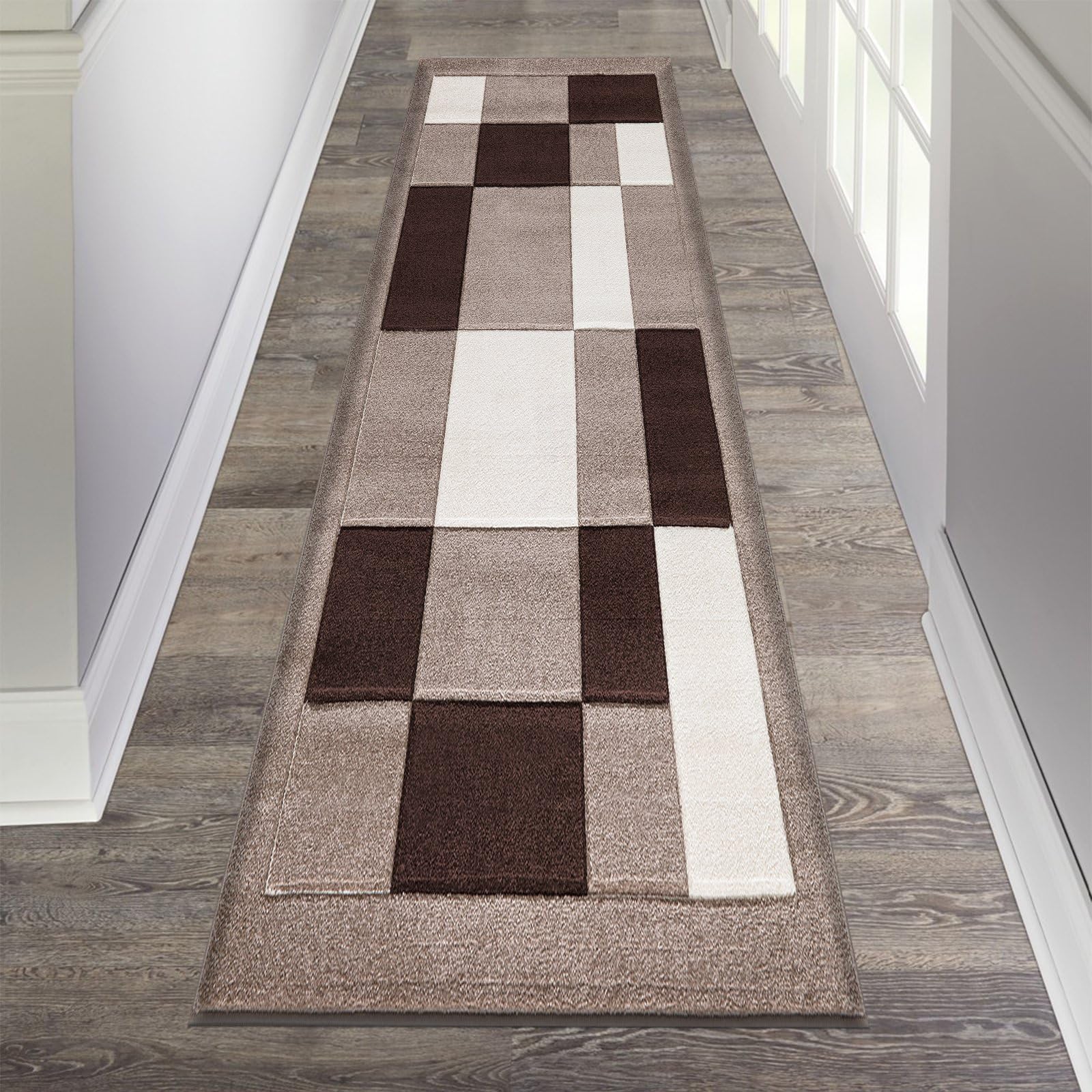 renoazul® Carpet Runner for Hallways, Kitchen, Living Room and Bedroom, 80 x 300 cm, Beige Brown, Washable Durable Squared Design Carpet Runner — image 1