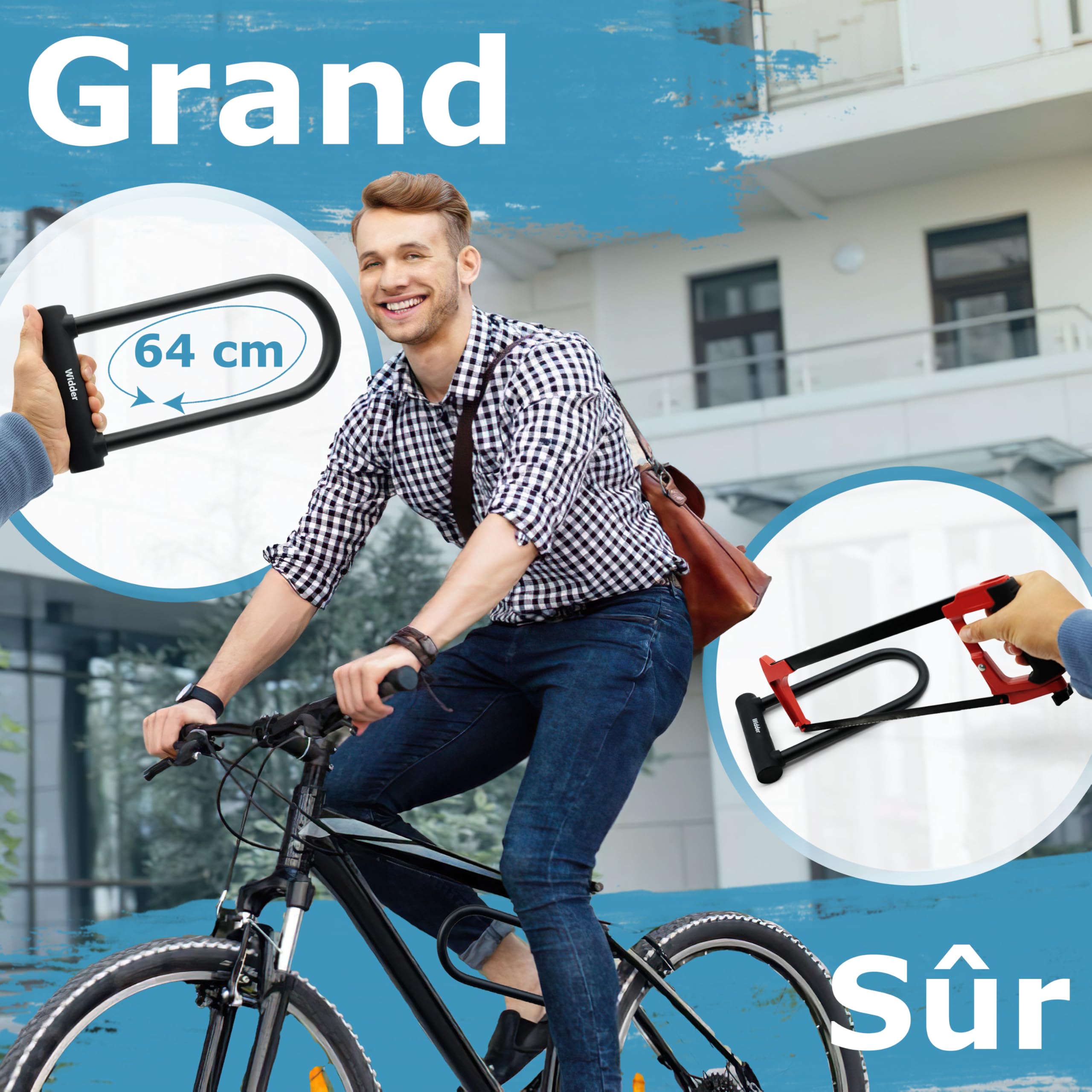 WIDDER Antivol U vélo extrêmement sûr – Acier chromé Niveau de sécurité 15 | Arceau massif 18 mm – Antivol velo 64 cm de circonférence avec Support & 3 clés – Antivol e‑Bike & e‑Scooter U