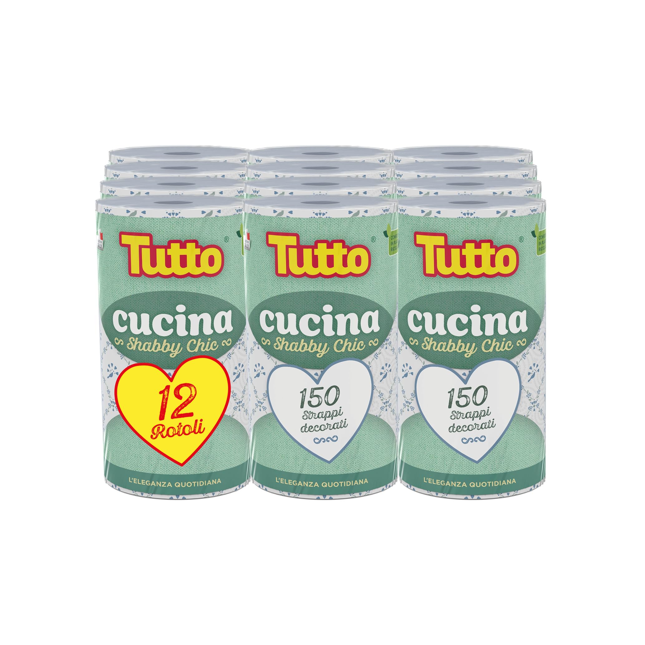 Tutto Shabby Chic, 150 Strappi 2 Veli per Rotolo, 12 Rotoli di Carta Multiuso Elegante e Resistente, Ideale per la Pulizia della Cucina e per Ogni Superficie, 100% Made in Italy