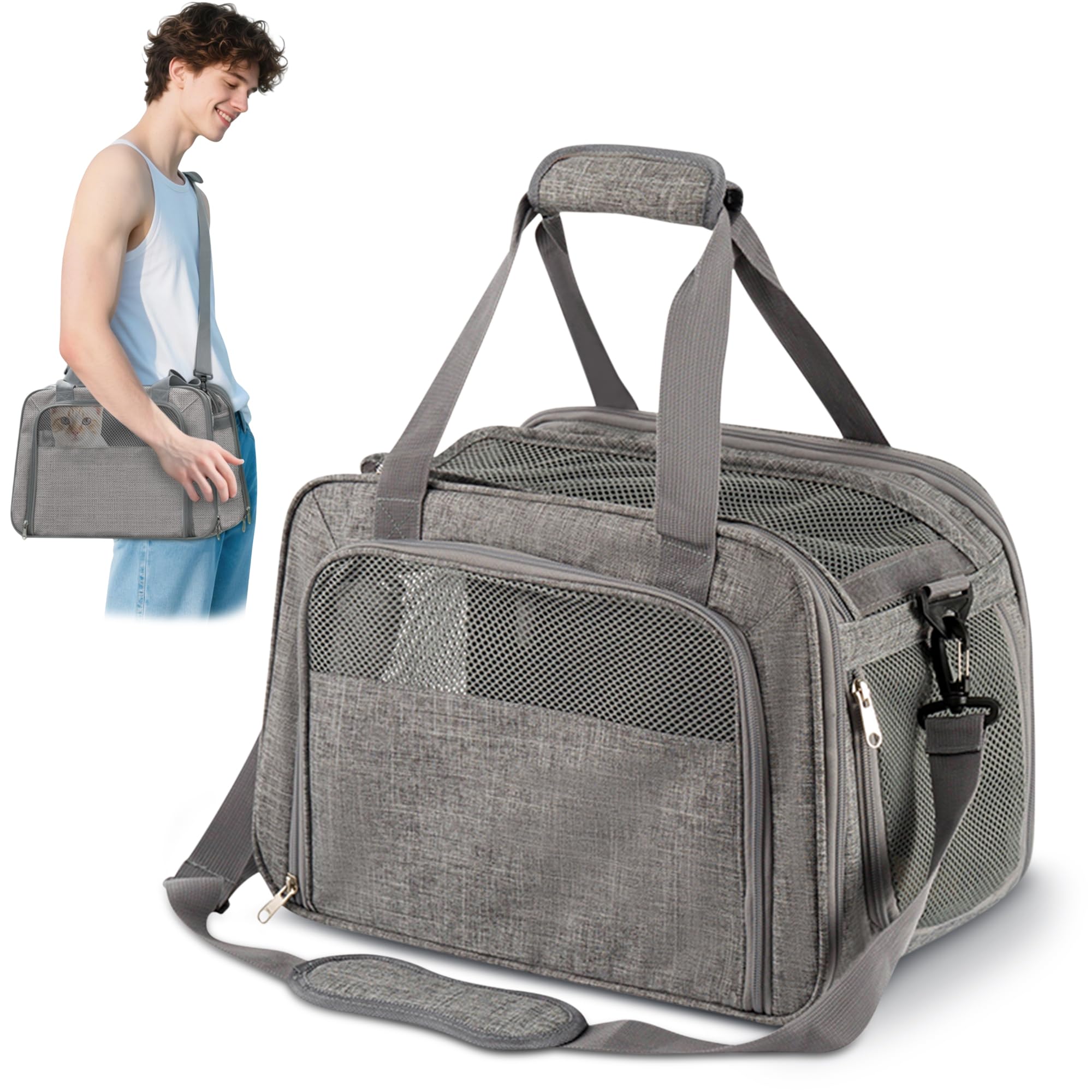 ALLSOPETS Transportín Perro y Gato Plegable, Bolsa Transpirable con Cojín Extraíble, Transportín Homologado Cabina Avión para Coche, Tren, Veterinario (Gris Carbón)
