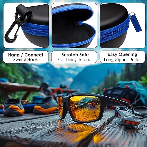 Miniatura 3 de MyEyeglassCase Funda para gafas de sol deportivas y cartera delgada Estuche para gafas grandes semidura con clip para cinturón, bolsa suave y paño