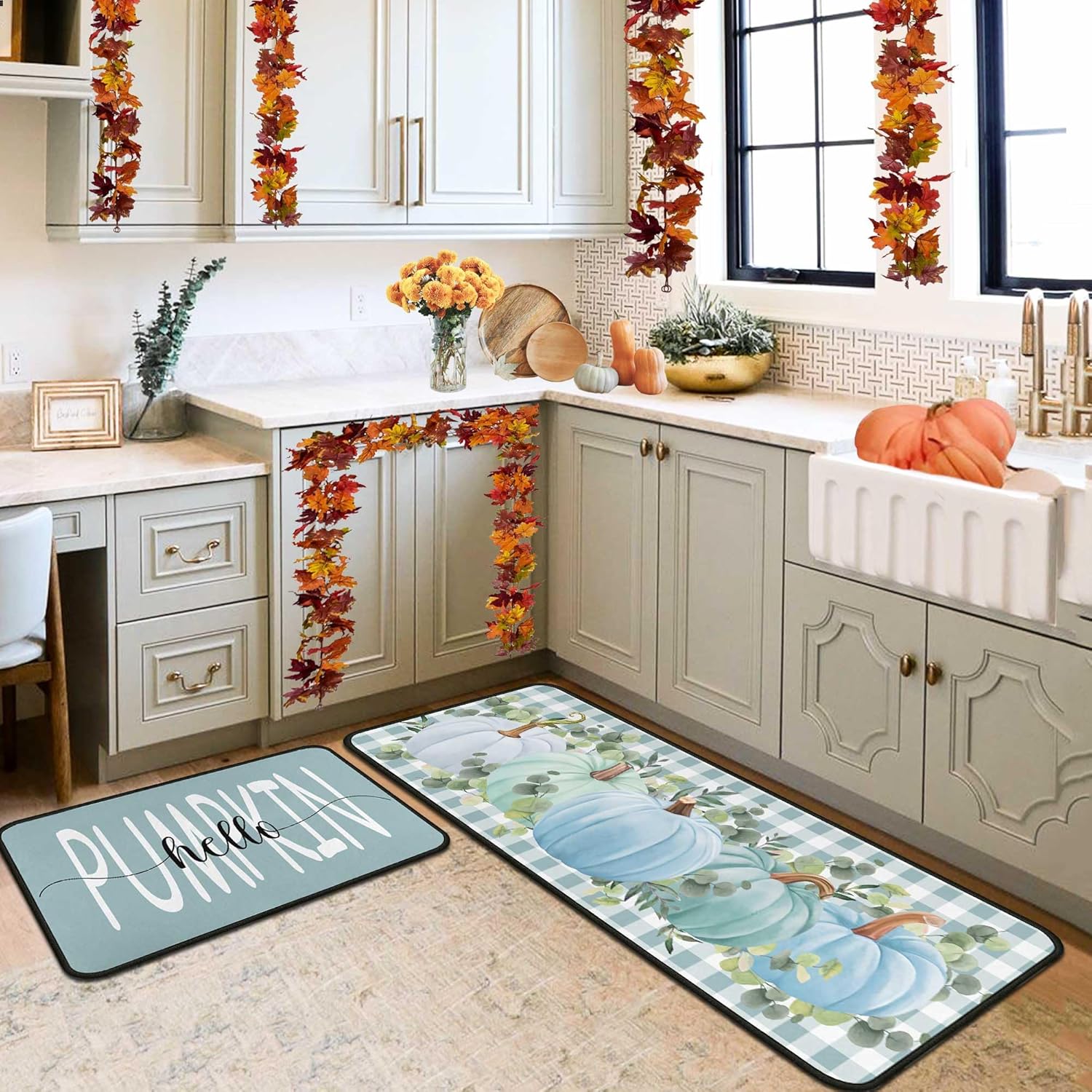 Buffalo Plaid Watercolor Blue Pumpkin Fall Kitchen Rugs Set of 2,Home Seasonal Fall Holiday Party Autumn Harvest Thanksgiving Kitchen Mat 17"x47"+17"x30"