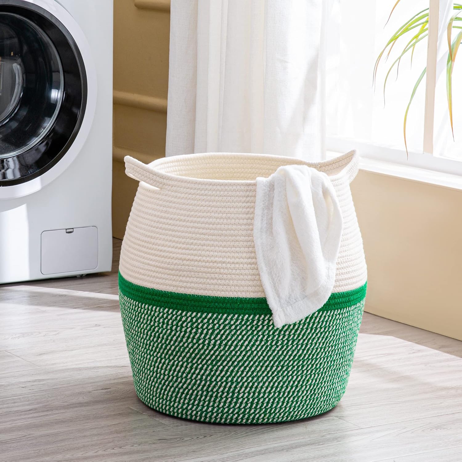 KAKAMAY Woven Baskets for Storage(17"x17"),Large Cotton Rope Woven Baby Laundry Hamper,Collapsible Laundry Basket, Blanket Basket for Organizing Living Room,Nursery,Pillows,Toy Chest(Green) - Image 3