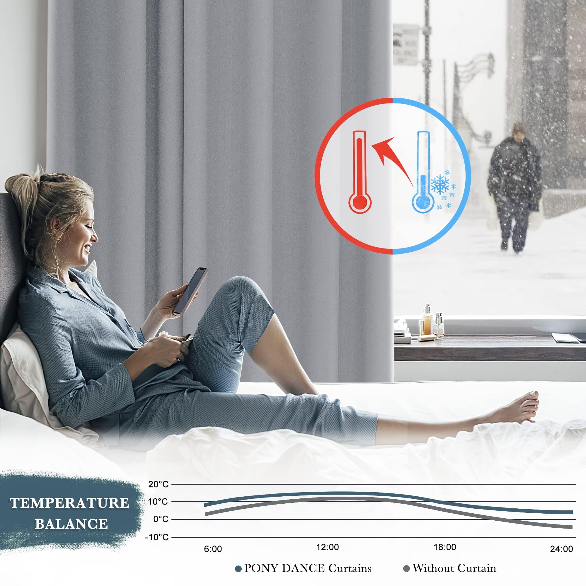 PONY DANCE Tende per Interni Moderne Oscurante Curtain Termica Isolante Freddo per Soggiorno Finestra con Anelli 1 Pezzo L 132 x A 210 cm, Grigio Chiaro