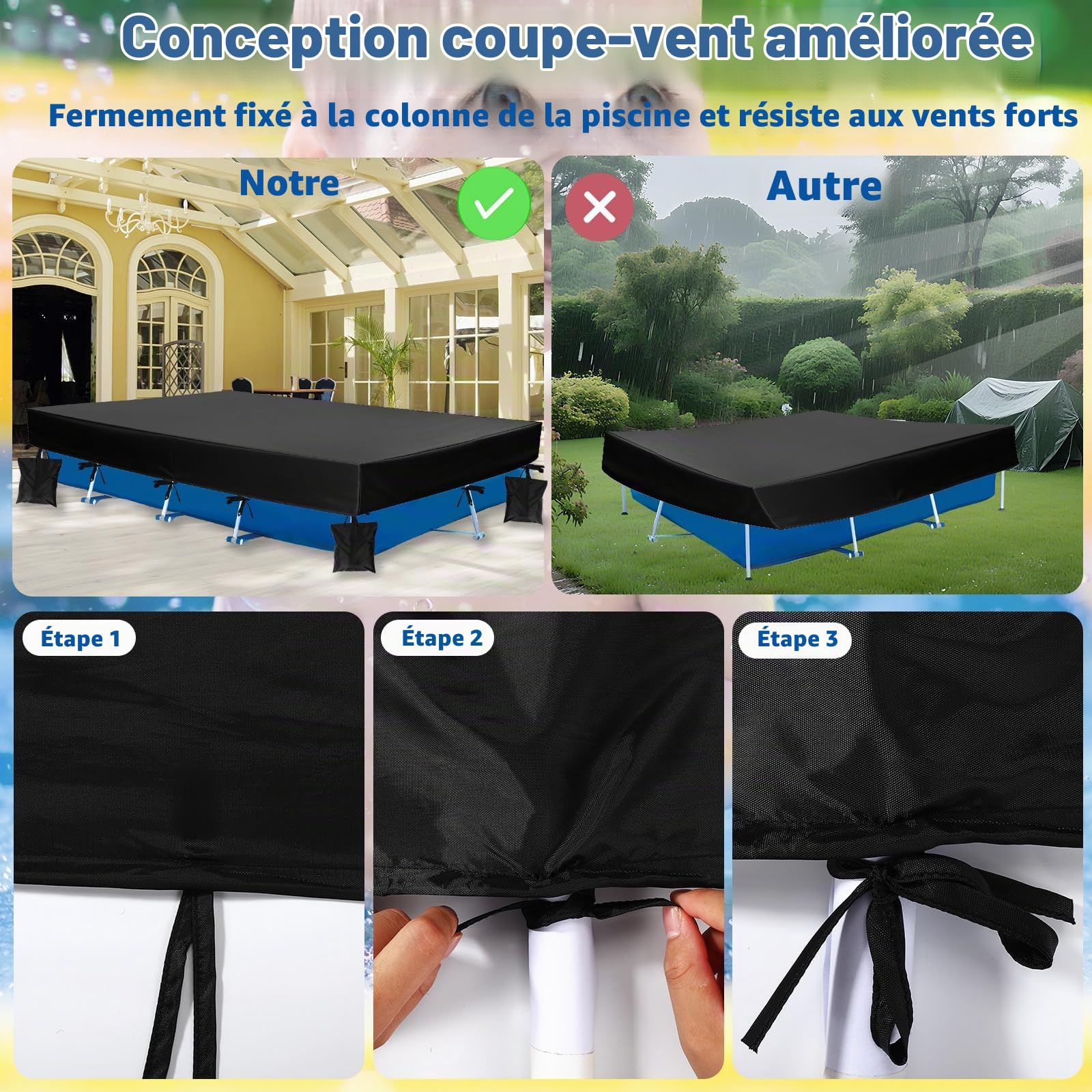 450x220x30cm Bâche de Piscine Rectangulaire pour Piscines Hors-Sol, Robuste Tissu Oxford 210D Couverture avec 4 Sacs de Sable et 1 Sac Rangement