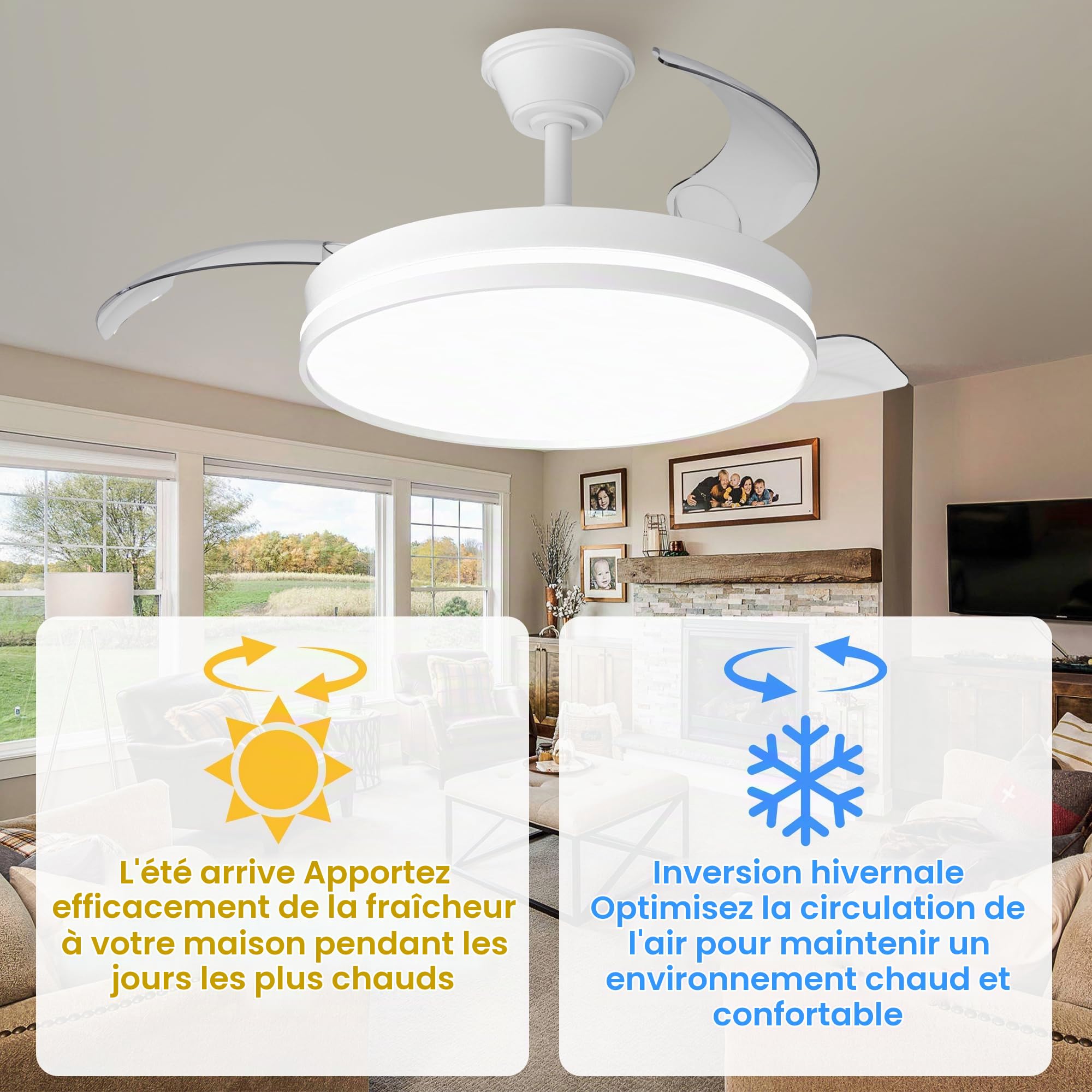 Ventilateur de Plafond avec Lumière et Telecommande, 106cm LED Lampe Ventilateur Plafond Dimmable Lampe Intégrée, 6 Vitesses, Silencieux