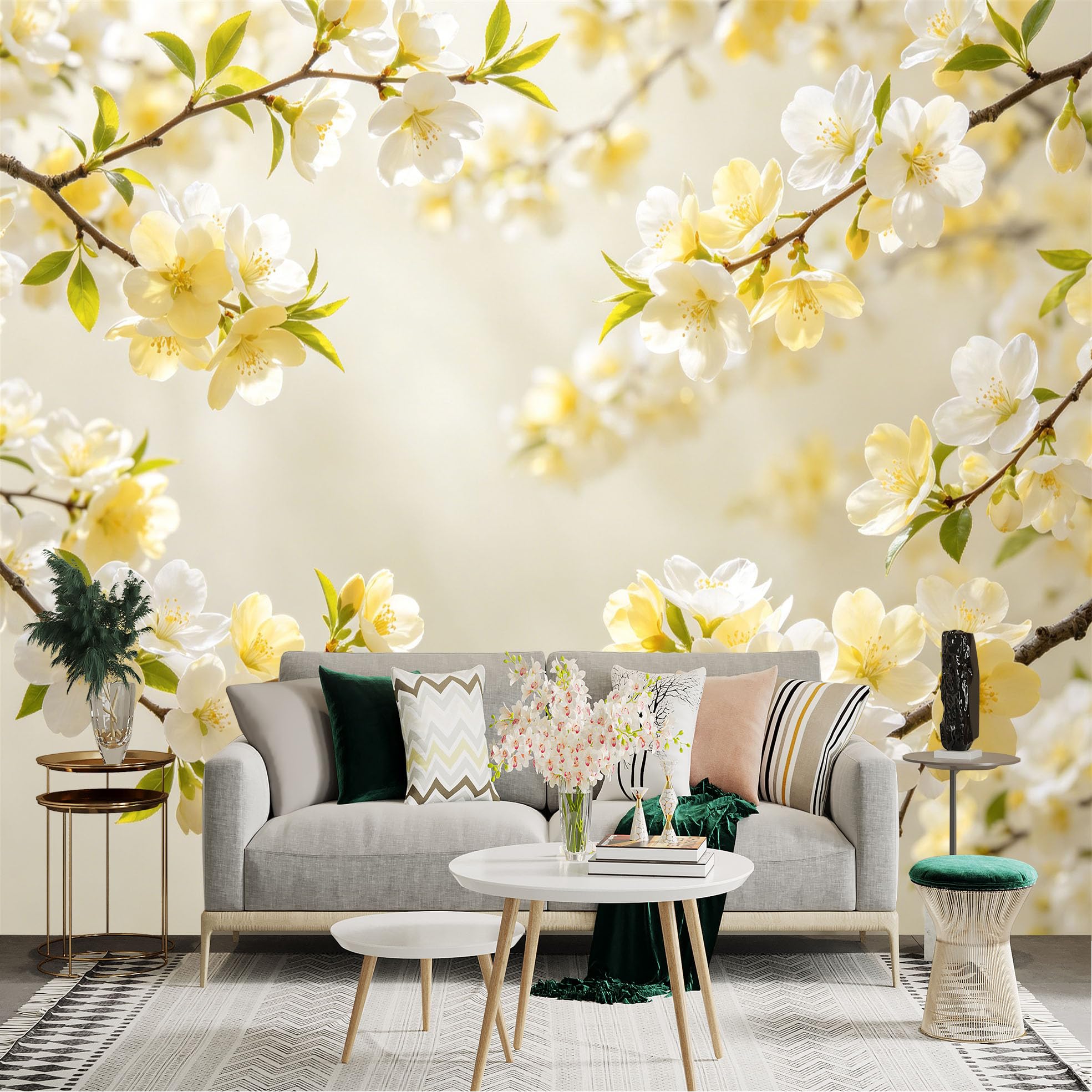 Lnzczhyre Dbh260521269 Custom Size Wall Sticker Mural， Soft White And Yellow Spring Blossoms， Elegant Floral Branch Art， Serene Nature Scenery， For Wall Decoration， Peelandstick Wall Decals.