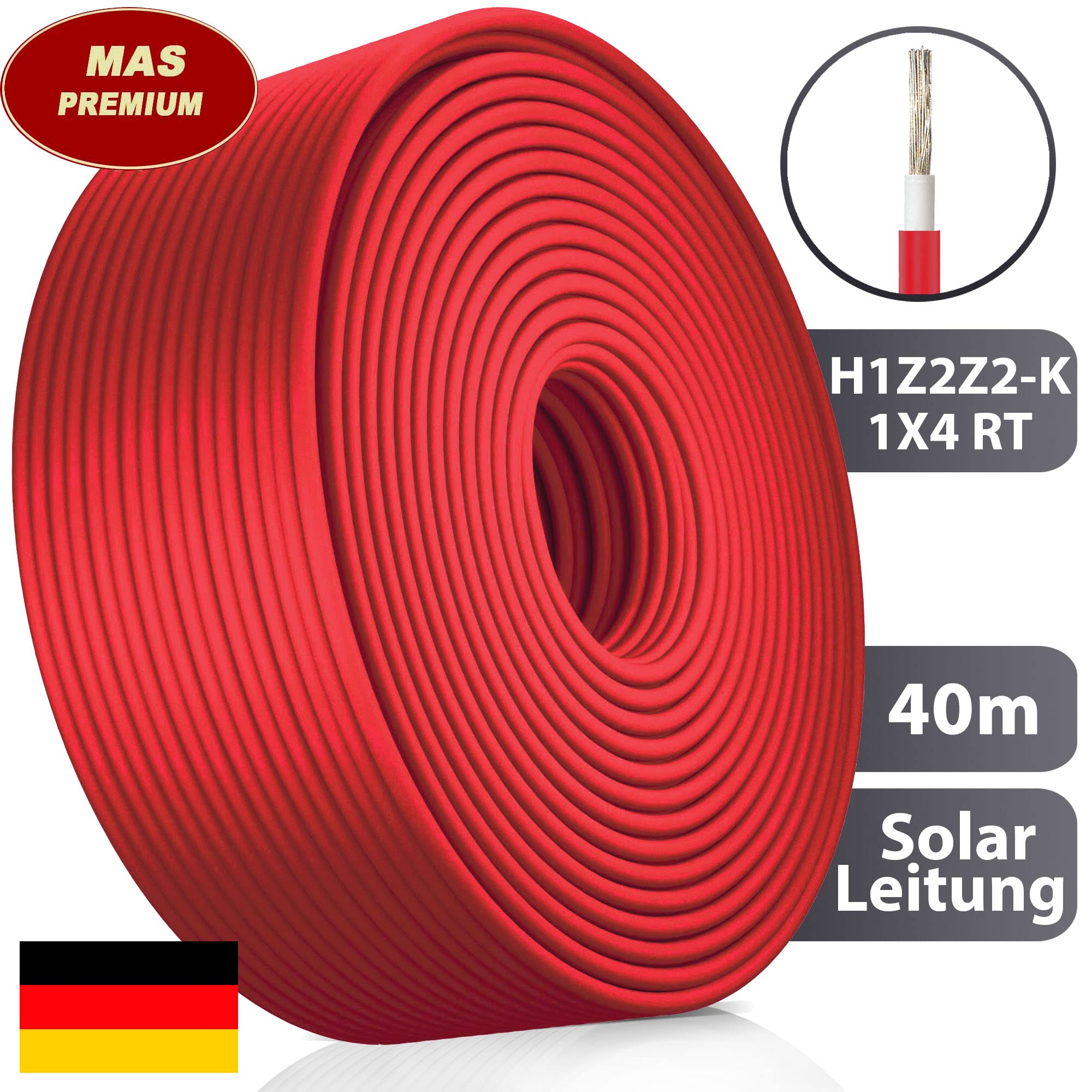 Przewód solarny H1Z2Z2-K 4, 6 lub 10 mm², kabel solarny od 5 do 200 m, czarny, czerwony lub niebieski, układany w ziemi, pojedynczy przewód fotowoltaiczny, bezhalogenowy, podwójna izolacja (H1Z2Z2-K