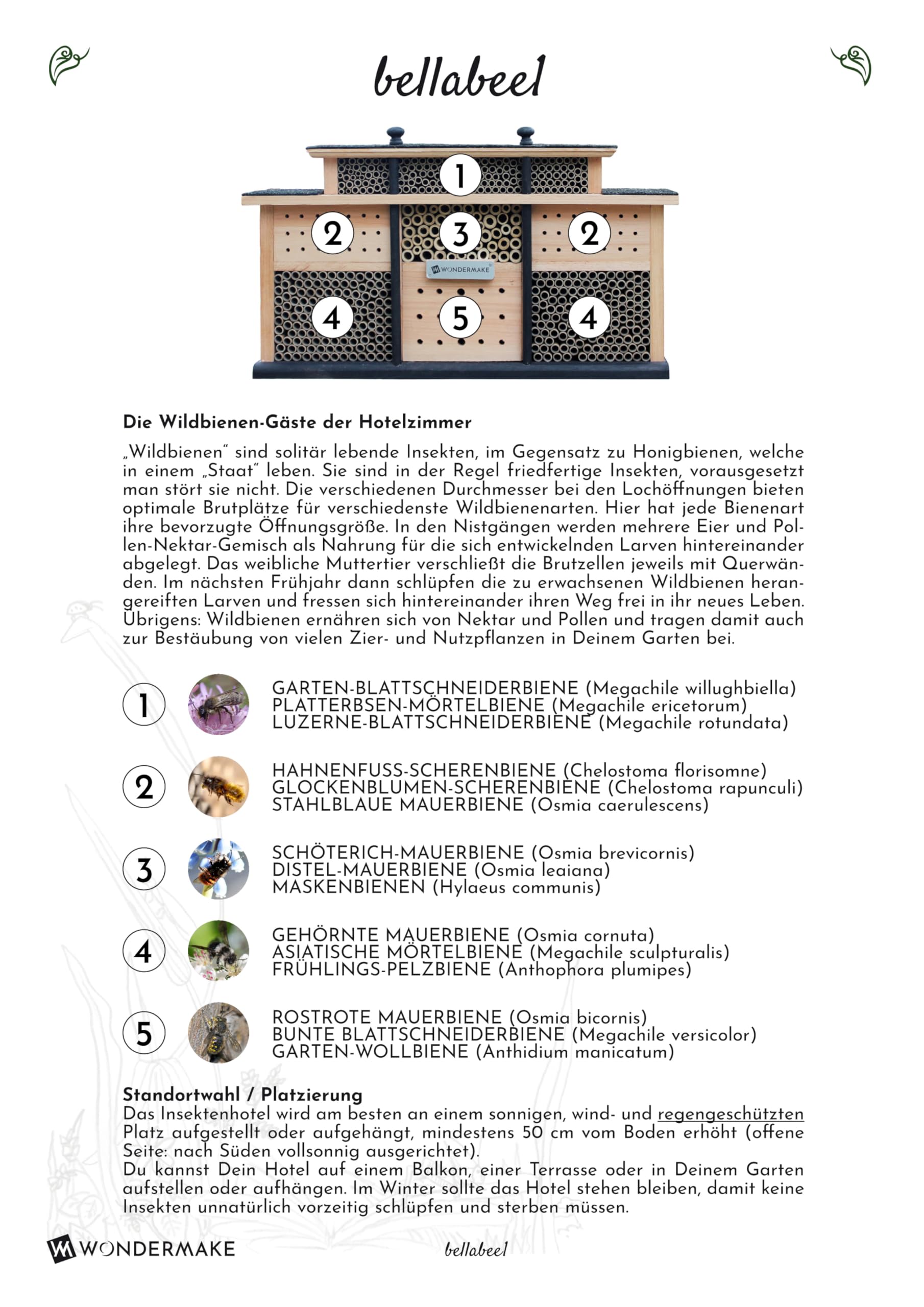 Design Insektenhotel aus Holz mit 7 Zimmern und Terrasse, Bienenhotel groß hängend Nisthilfe für Wildbienen, braun schwarz