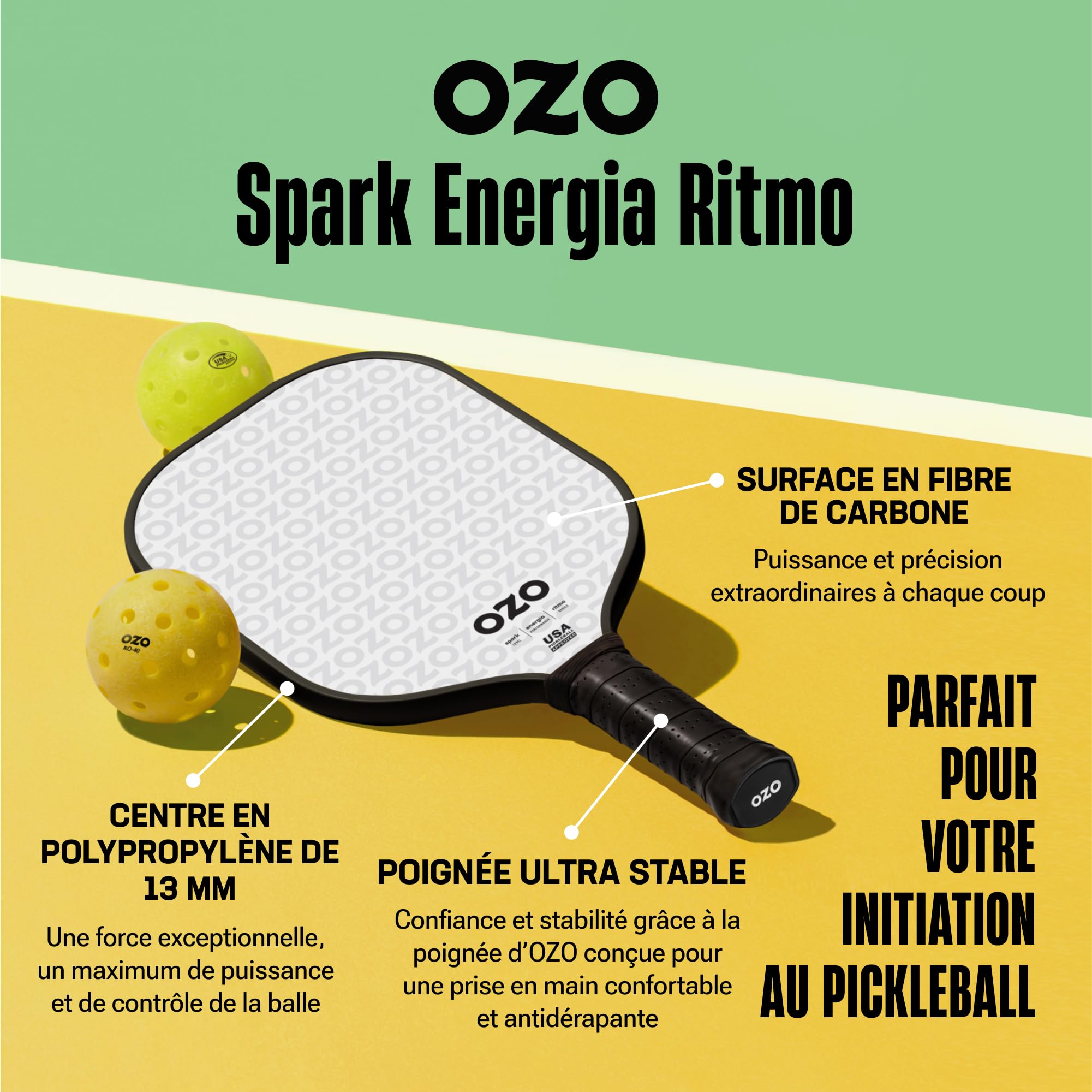OZO Pickleball - Spark Energia Ritmo - USAPA Approved Beginner Power Paddle - Carbon Fiber Face