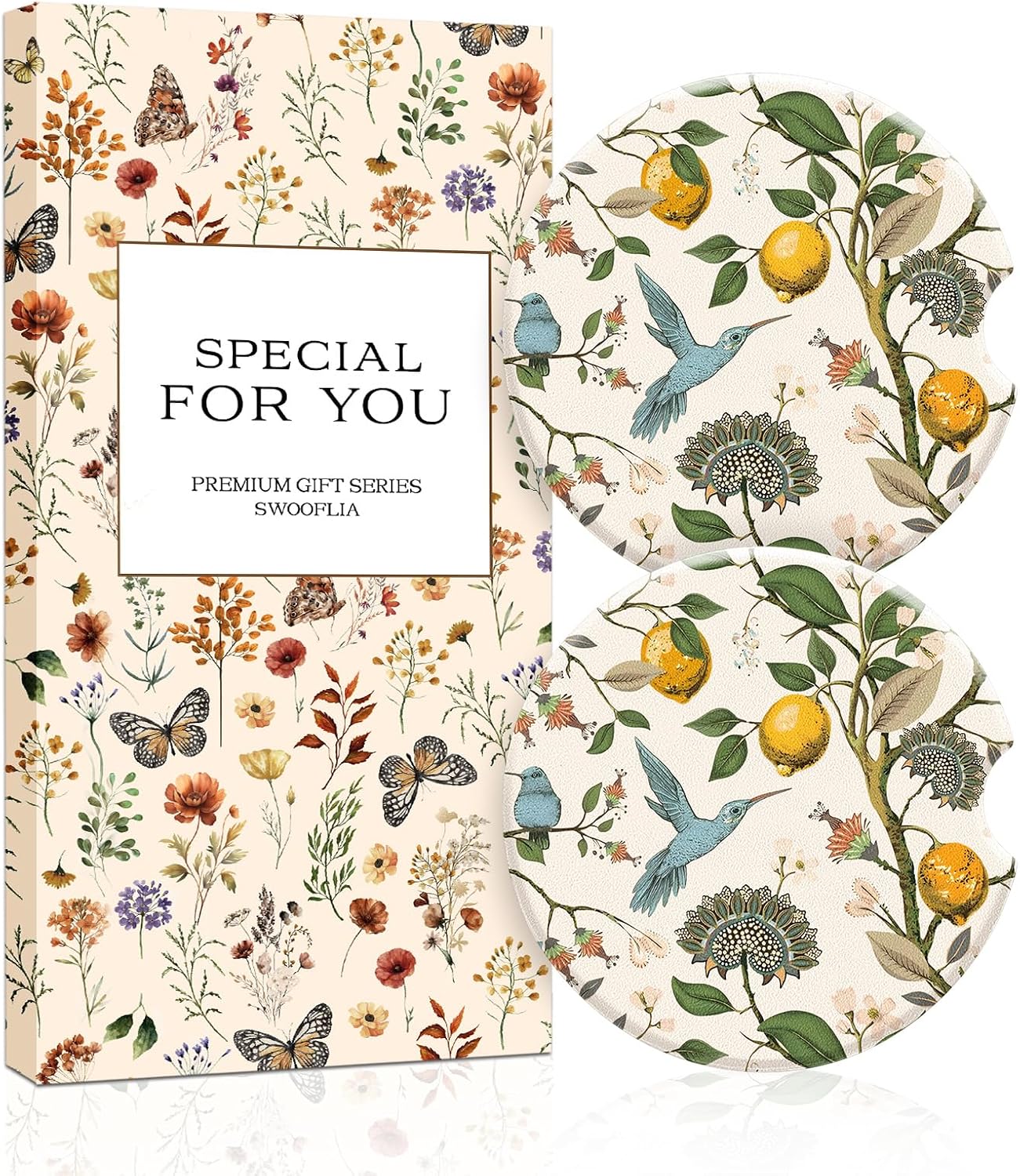 Swooflia Floral Absorbent Ceramic Car Coasters Set of 2, Cute Botanical Wildflower Cup Holder Coasters for Car, Lemon Flower Hummingbird Car Accessories for Women, Unique Gifts for Mom, Teachers