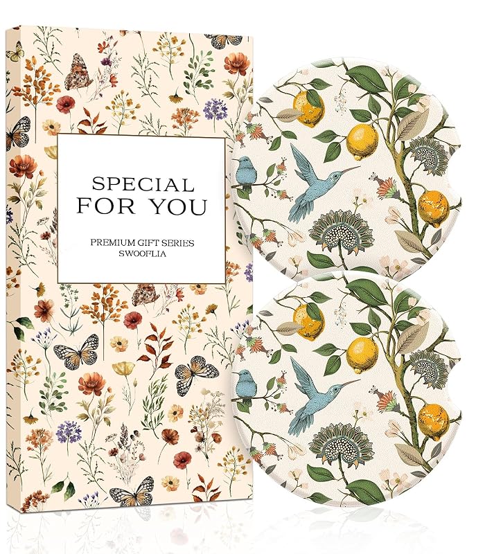 Porta-Copos Automotivo de Cerâmica Absorvente Swooflia com Estampa Floral e Beija-Flor, Redondo, Conjunto com 2