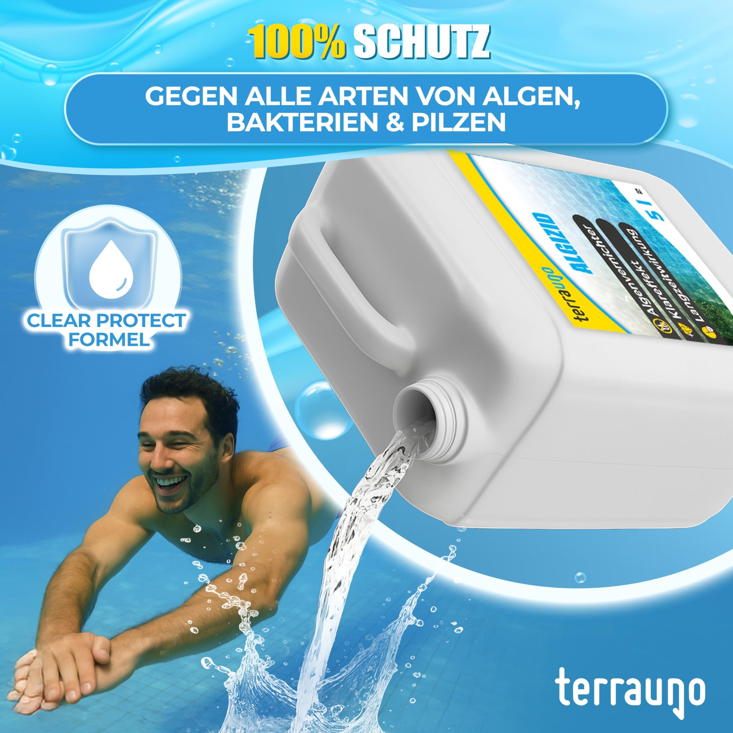 TerraUno Algizid für Pool, Algenvernichter Pool zum Schutz vor Algen, Pilzen & Bakterien, 5 L Pool Algenvernichter mit Klareffekt für sauberes und klares Badewasser