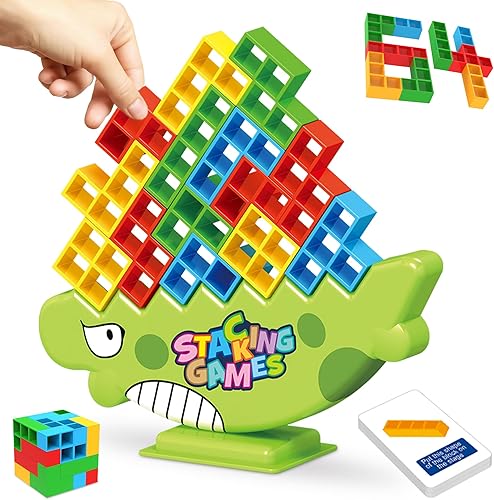 LUYITOM Juego de 64 bloques de equilibrio de torre Tetra, juego de juguetes para ansiedad, juguetes de ataque apilables, bloques de construcción,