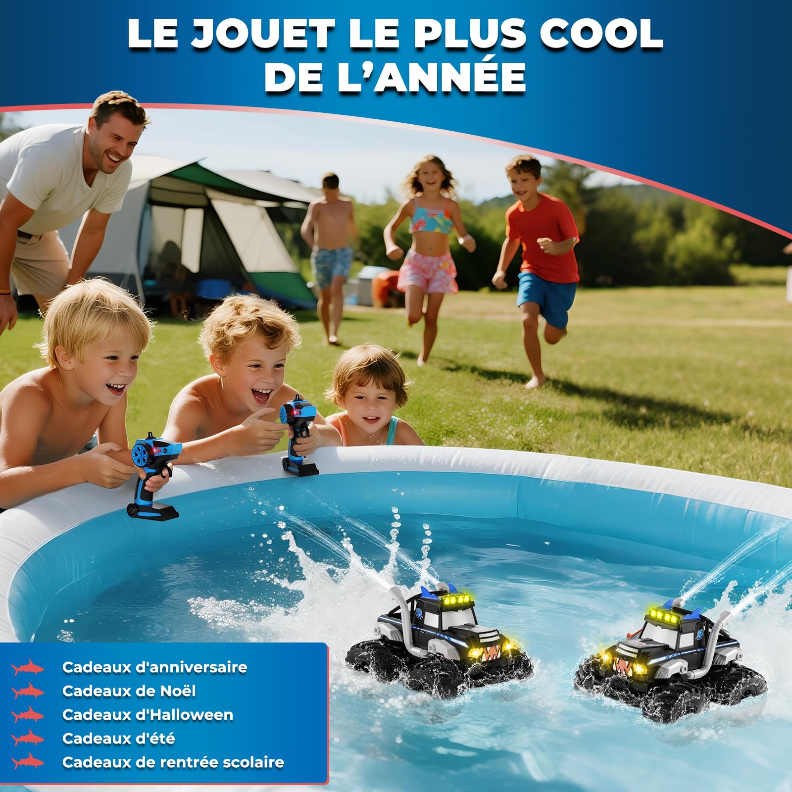 Voiture Télécommandée Tout Terrain Amphibie，2.4GHz Voiture Télécommandée Enfant, 4x4 télécommandée tout terrain, Monstertruck RC avec 360° Drift, Jouet Cadeau pour Garçon Fille 6 ans et plus (Bleu)