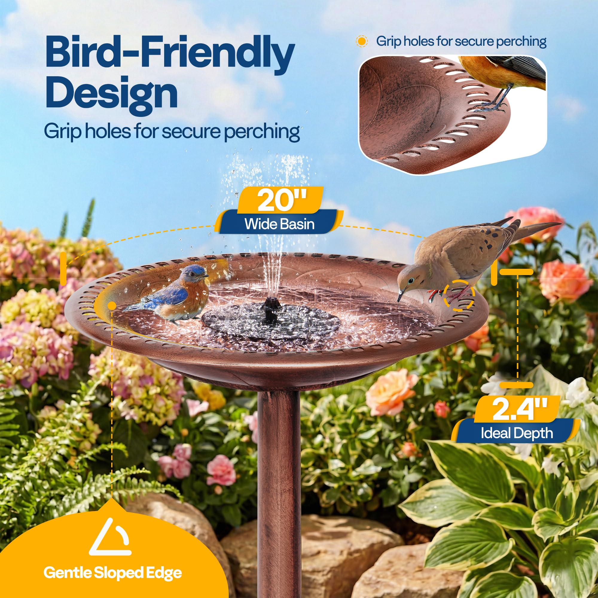 VIVOHOME Polyresin Antik Outdoor Bronze Garten Vogeltränke und solarbetriebene runde Teichbrunnen Kombi-Set | Solarpumpe aus wetterbeständigem Polyresin, 50,8 cm Schale, für Outdoor/Garten, Vogelfreundlich, leicht zu reinigen