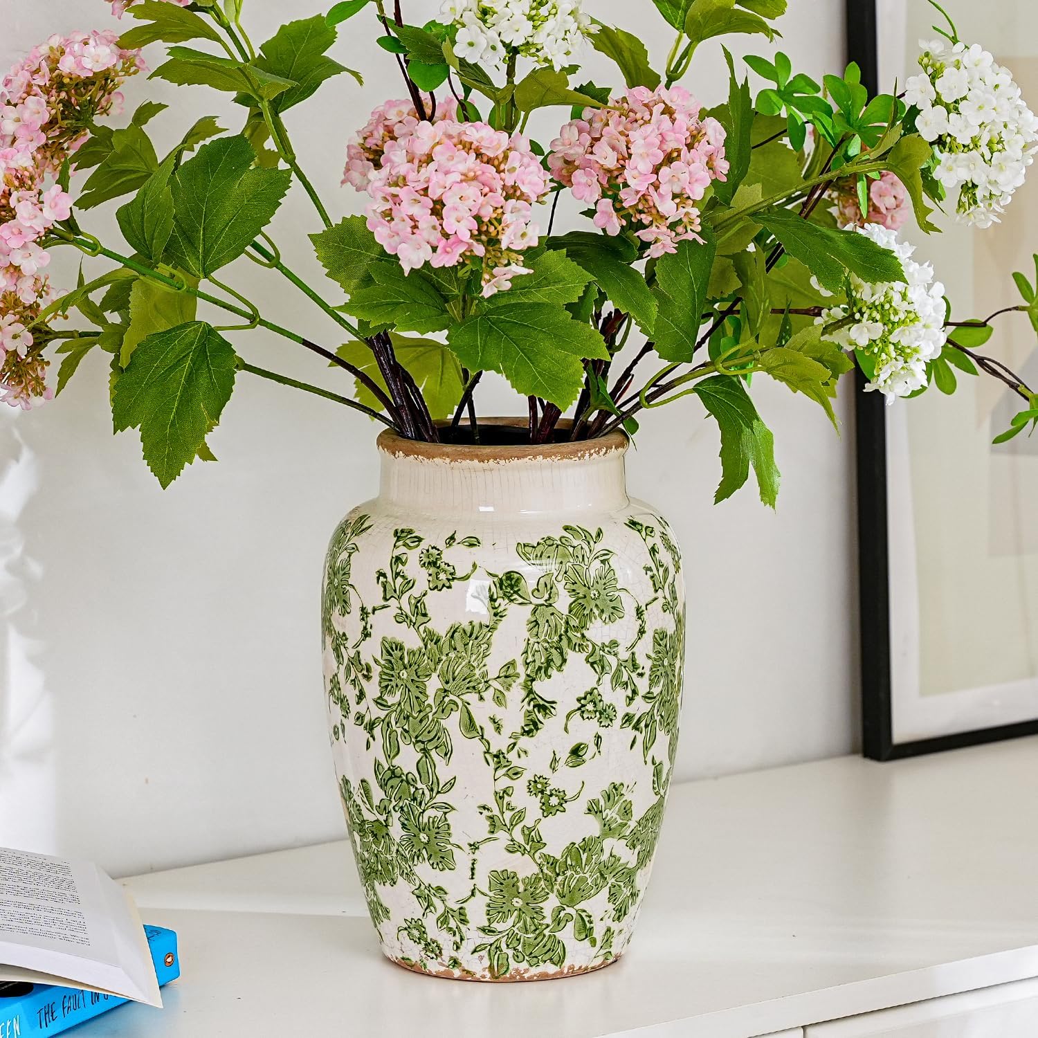 Sungmor Ceramic Flower Vase, Vintage Ice Cracked Glaze Porcelain Vase, Pretty Home Decor Vase for Flower Arrangement, Fresh Flowers, 10.2 Inch Tall Chinoiserie Pottery Vase, Green Floral Pattern - Image 2