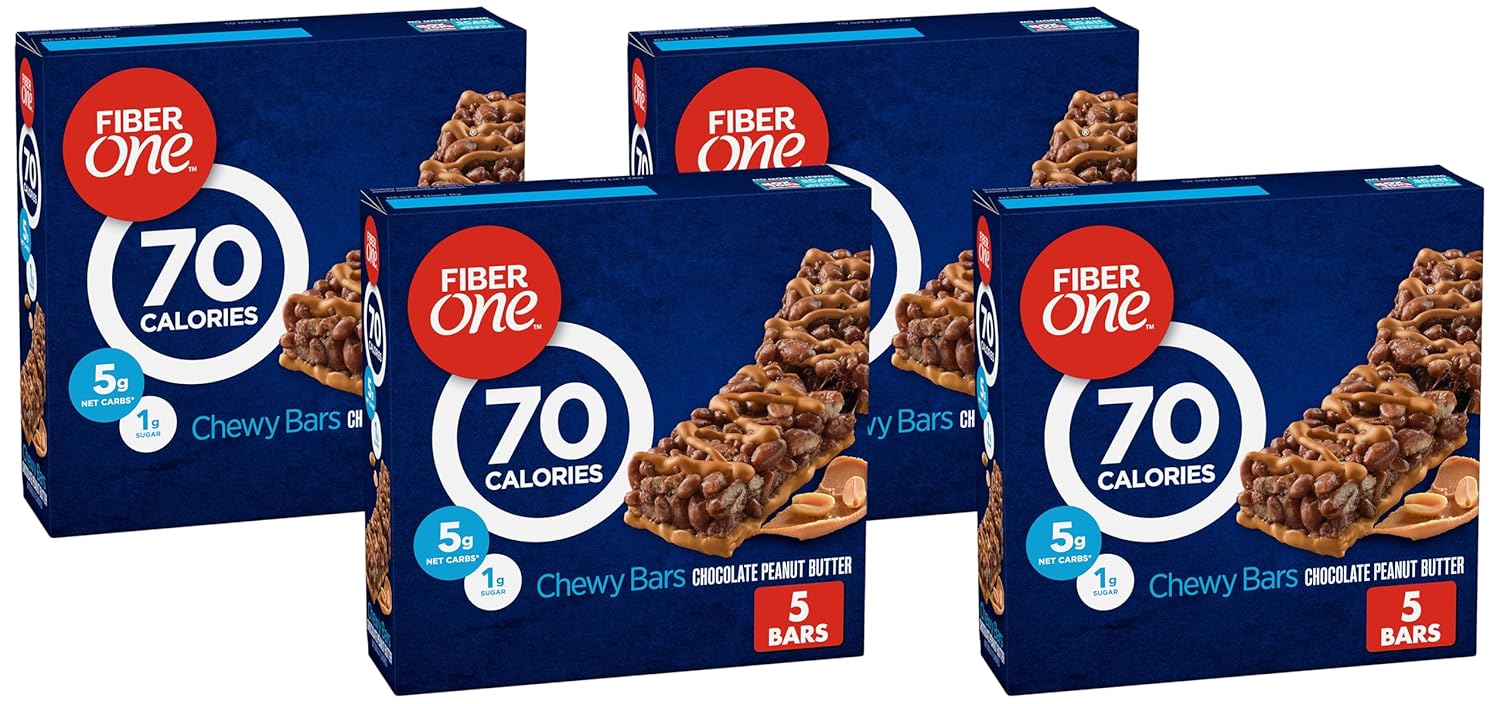 Fiber One 80 Calorie Chewy Bars, Chocolate Peanut Butter, Snack Bars, 5 Ct, 4.1 oz (Pack of 4)