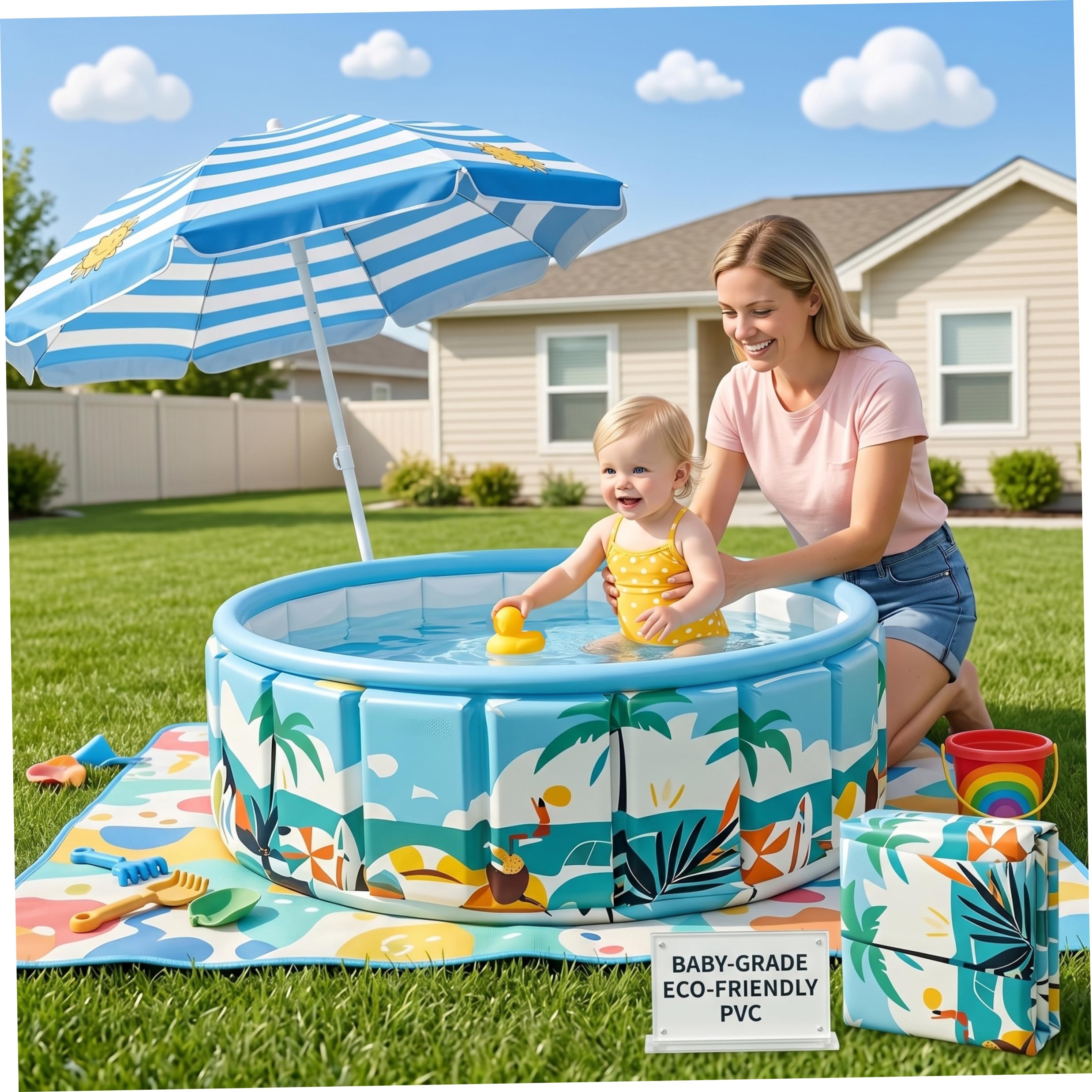 Zusammenklappbarer Pool, Nicht aufblasbarer Faltbarer Pool, einfache Einrichtung mit einem klick für Jungen, Mädchen, Haustiere, Ozeanblau, 35, 4 x 17, 7 Zoll