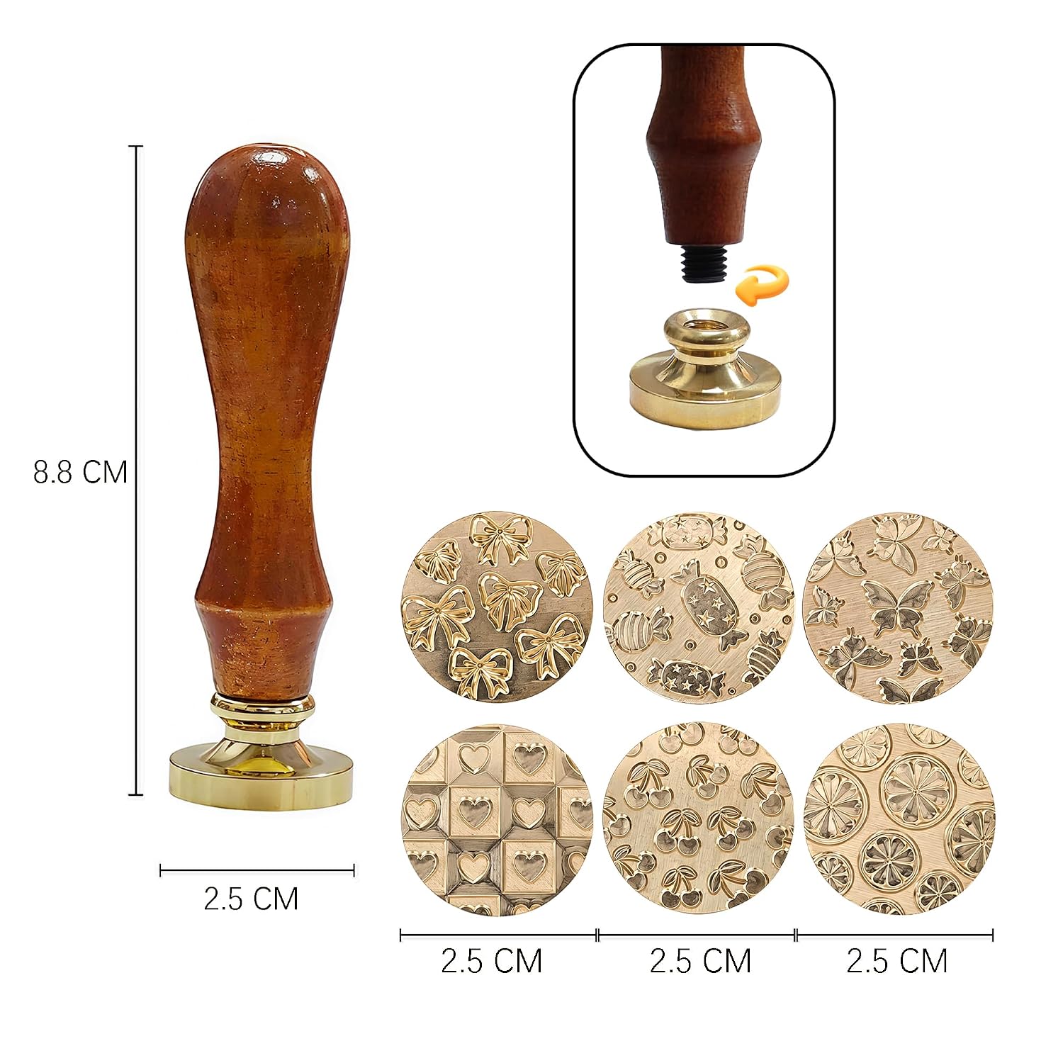 6-Piece Cute Wax Seal Stamp Set – Full-Coverage Pattern Collection with Solid Brass Heads & Wooden Handle – Kawaii Candy Cherry Butterfly Designs for Cards, Envelopes & DIY Crafts