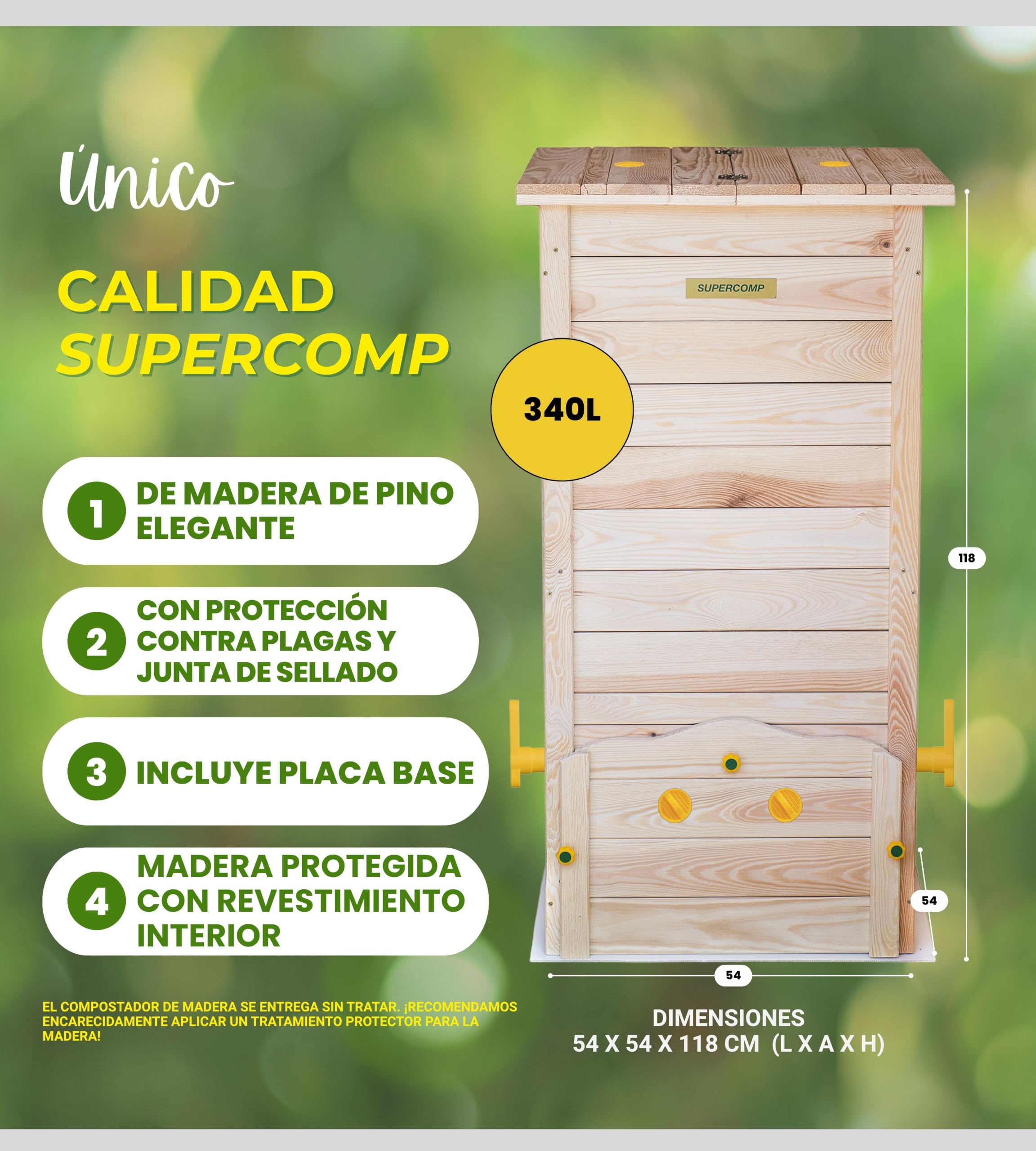 SUPERCOMP Compostador de Madera 340 L para Jardín con Protección Antiplagas y Antirroedores, Compostaje sin Olores ni Volteo, Aireación Vertical, Tapa y Base Incluidas | Compostador rápido de madera con tapa y base, protección contra plagas, juntas y reji