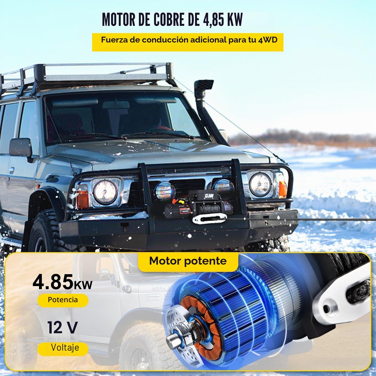 Cabrestante eléctrico, 12 V, 13500 lb/6120 kg, cuerda sintética, 24 m x 9,5 mm, control remoto inalámbrico, motor potente, engranaje de acero completo