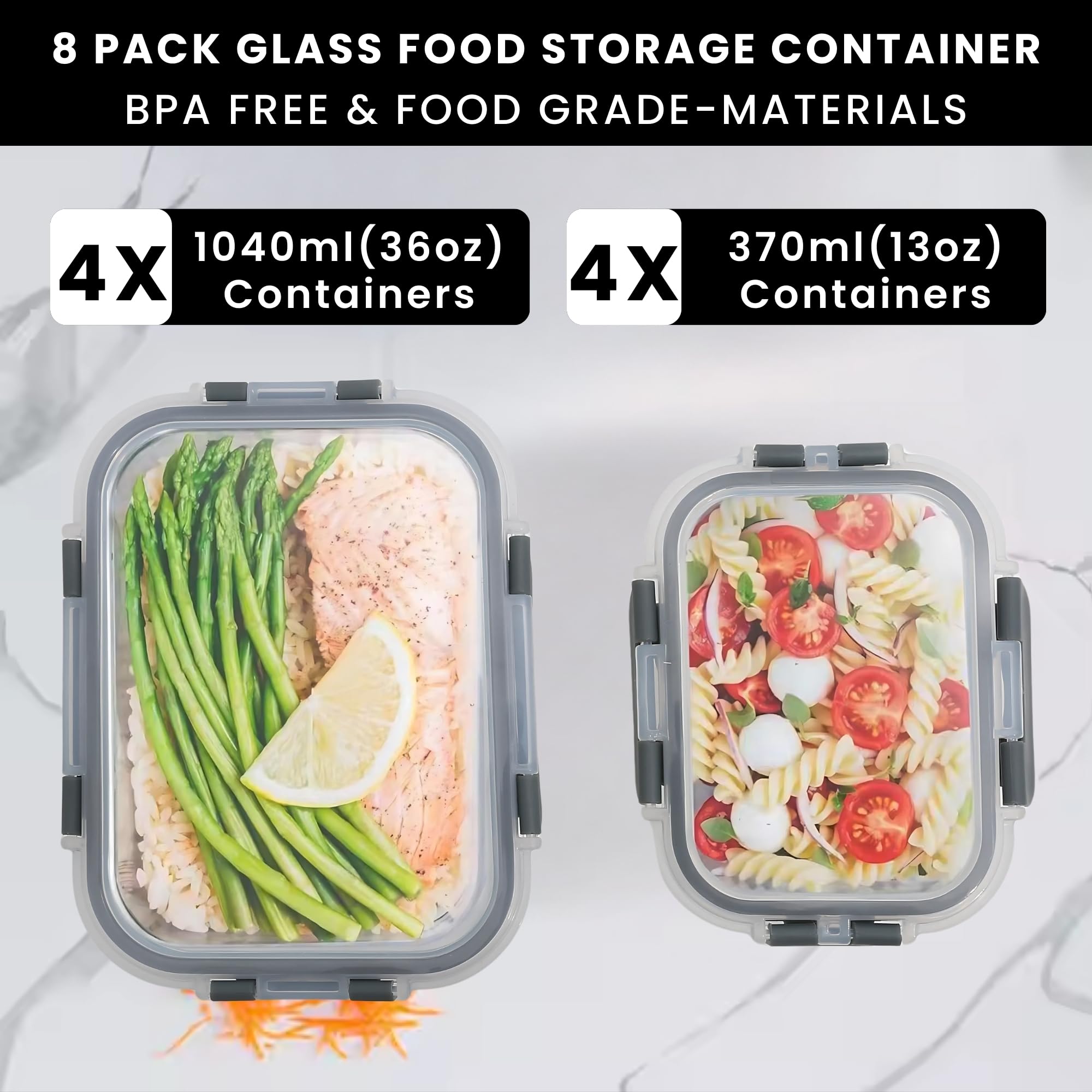 GRANZ Contenitori per alimenti in vetro, confezione da 8, senza BPA, con coperchio ermetico a scatto, a prova di perdite, impilabili, ecologici, riutilizzabili, per microonde e lavastoviglie