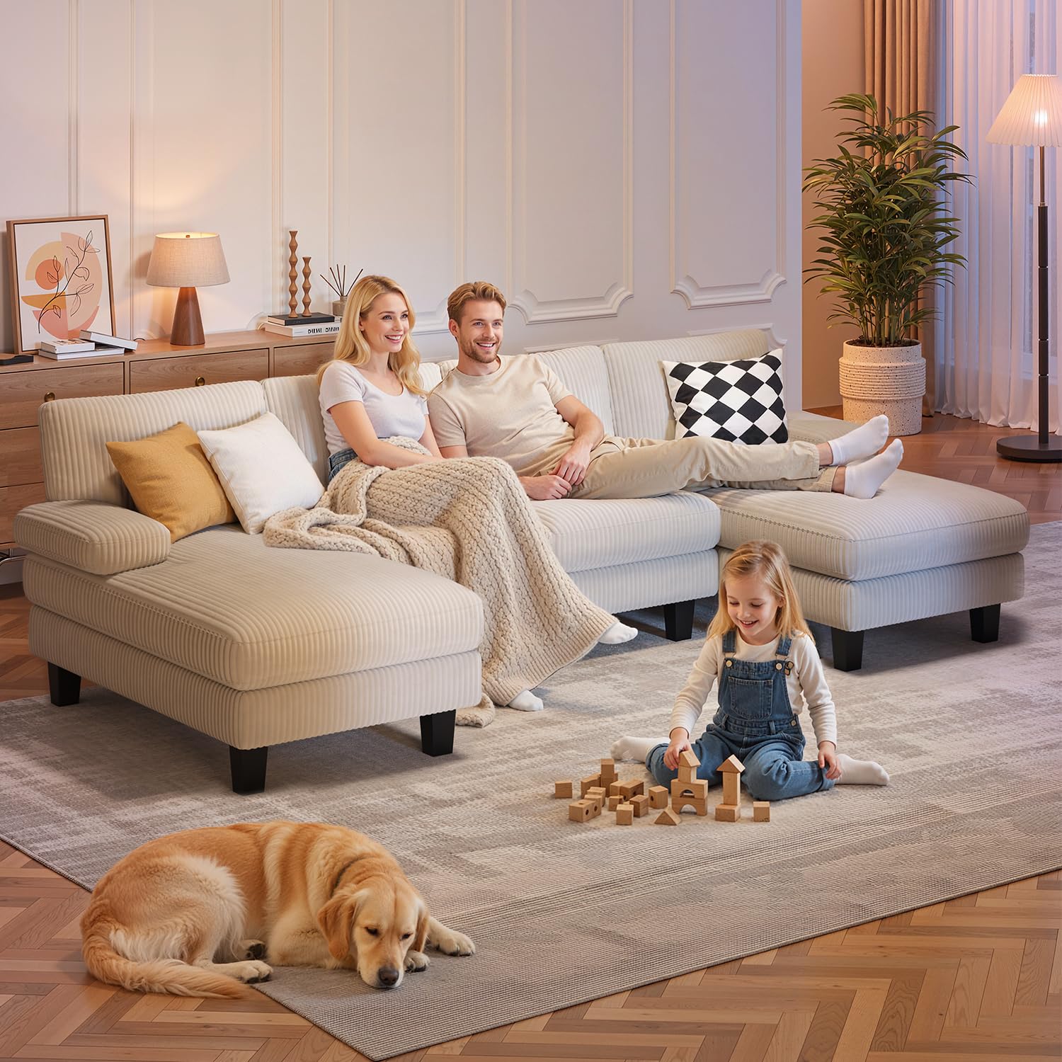 Xbro Divano Angolare a U 4 Posti con Doppia Chaise Longue, Divano Grande Moderno da Soggiorno e Salotto in Velluto a Coste, Struttura in Legno e Metallo 271x122x86 cm, Beige