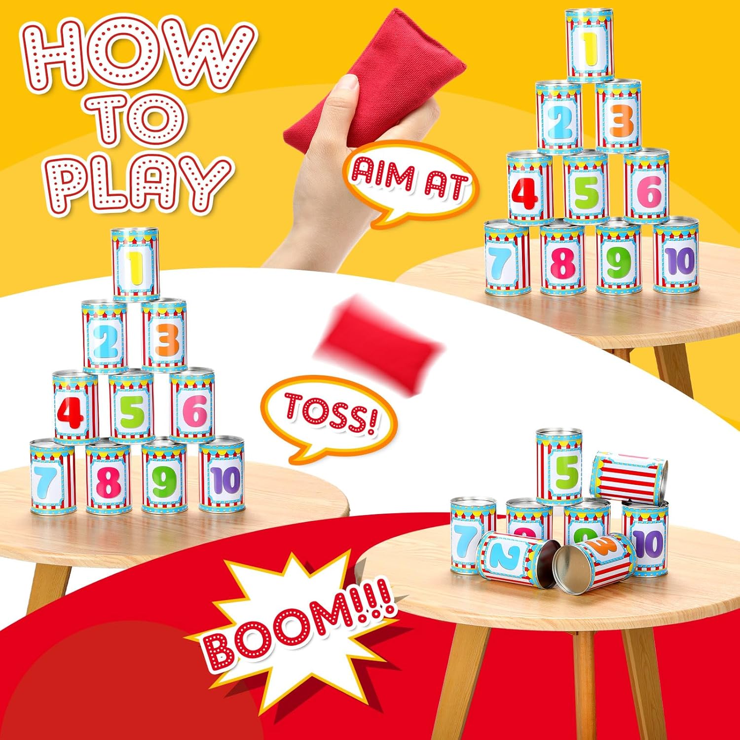 13 Pcs Carnival Can Game Bean Bag Toss Carnival Games with 10 Tin Cans and 3 Bean Bag for Easter Outdoor Family Party Birthday Indoors Outdoors Activities